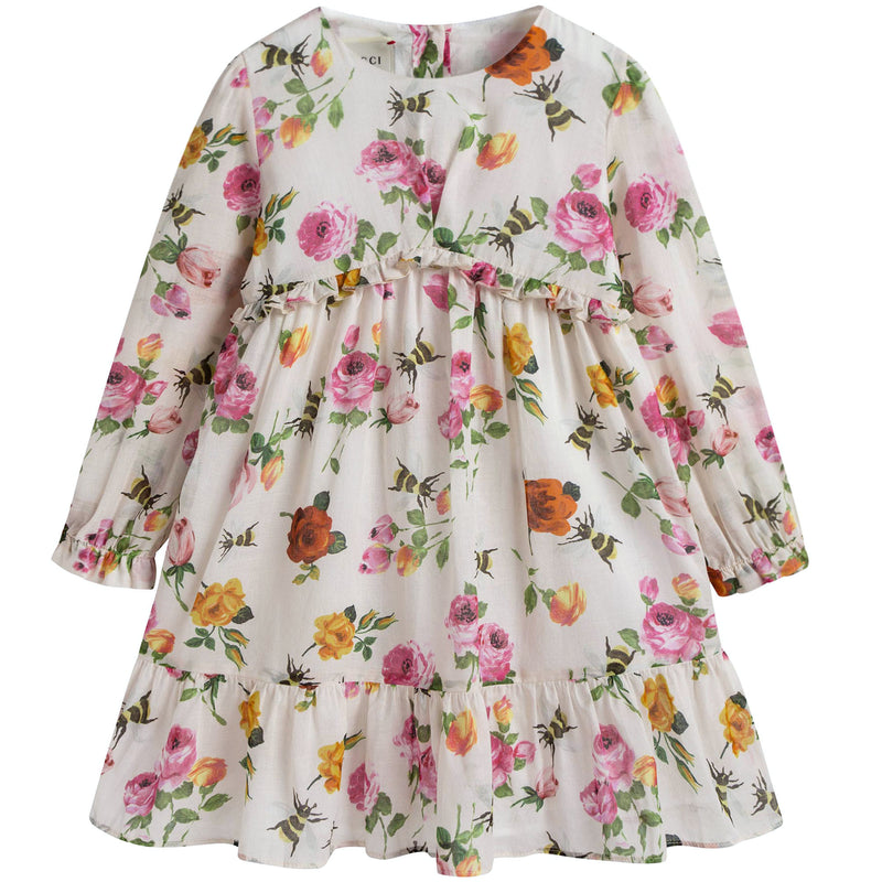 Baby Girls White Cotton Dress With Multicolor Flower Print Trims