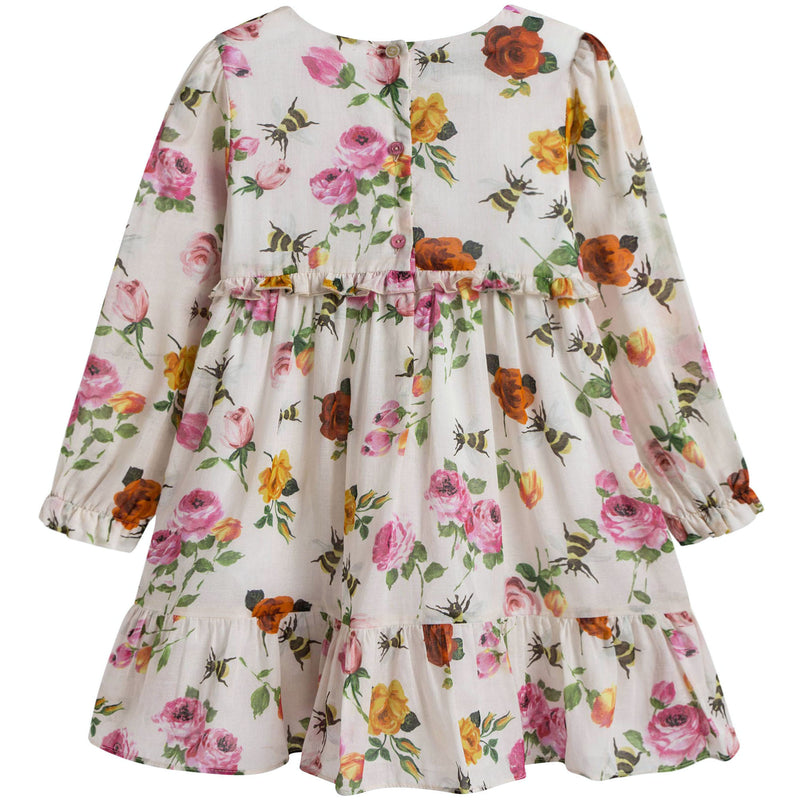 Baby Girls White Cotton Dress With Multicolor Flower Print Trims