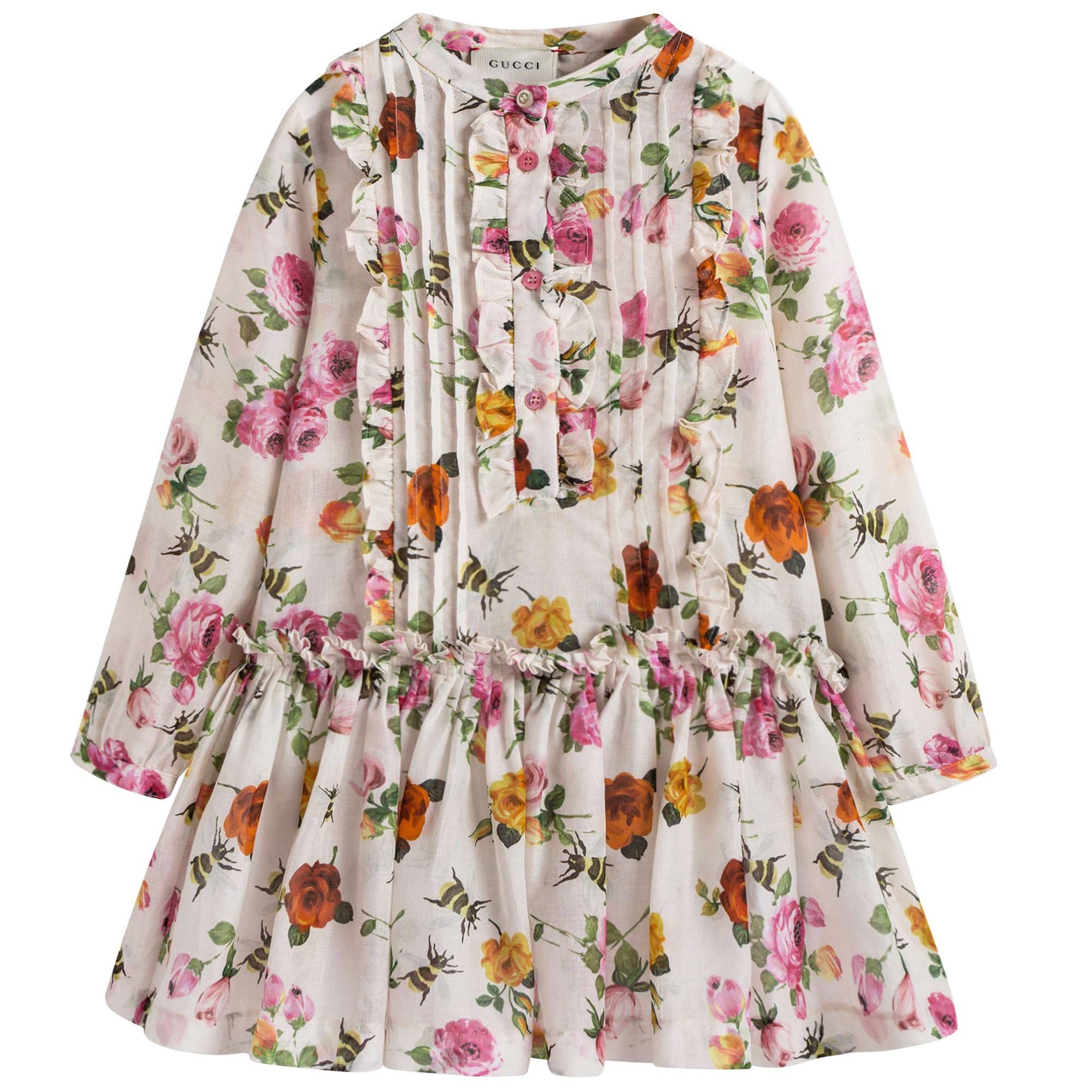 Girls White Cotton Dress With Multicolor Flower Print Trims