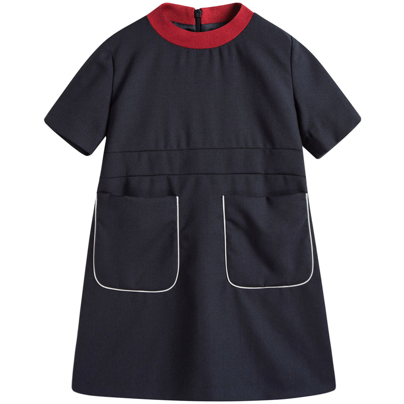 Girls Navy Blue Wool Dress With Patch Pocket