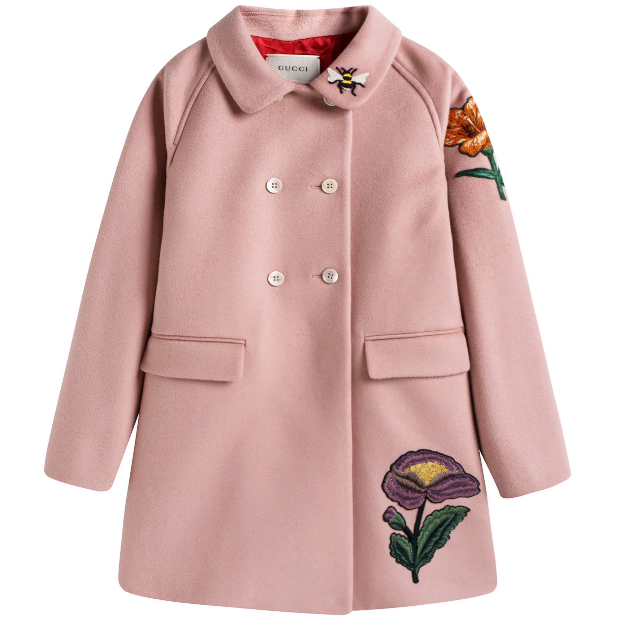 Girls Pink Wool Coat With Embroidered Flower Trims