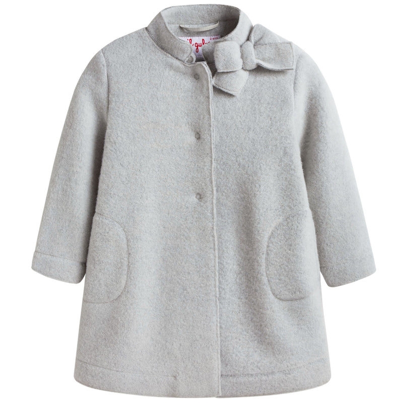 Girls Grey Bow Trims Collar  Wool Coat