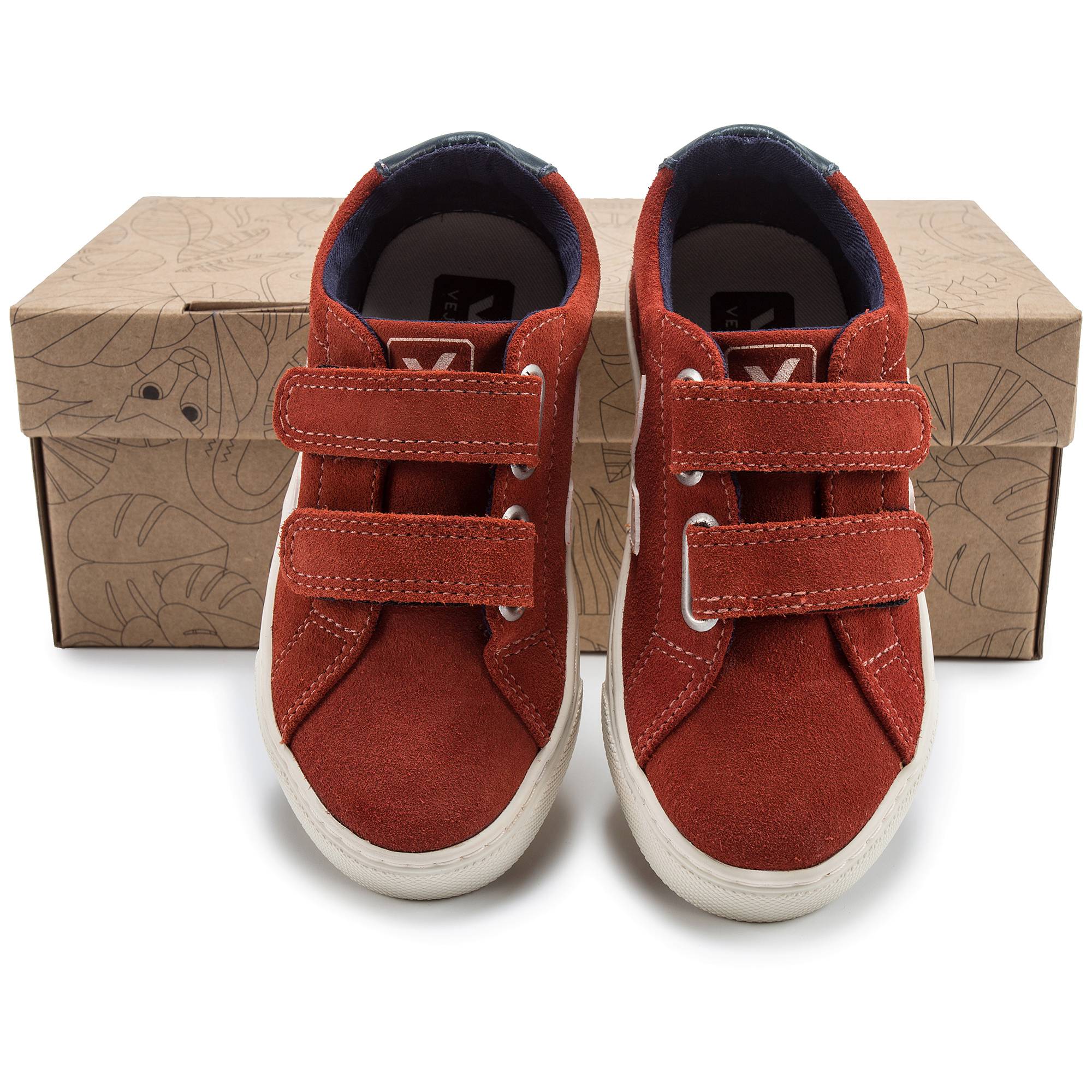 Girls & Boys Red Leather Velcro With White "V" Shoes