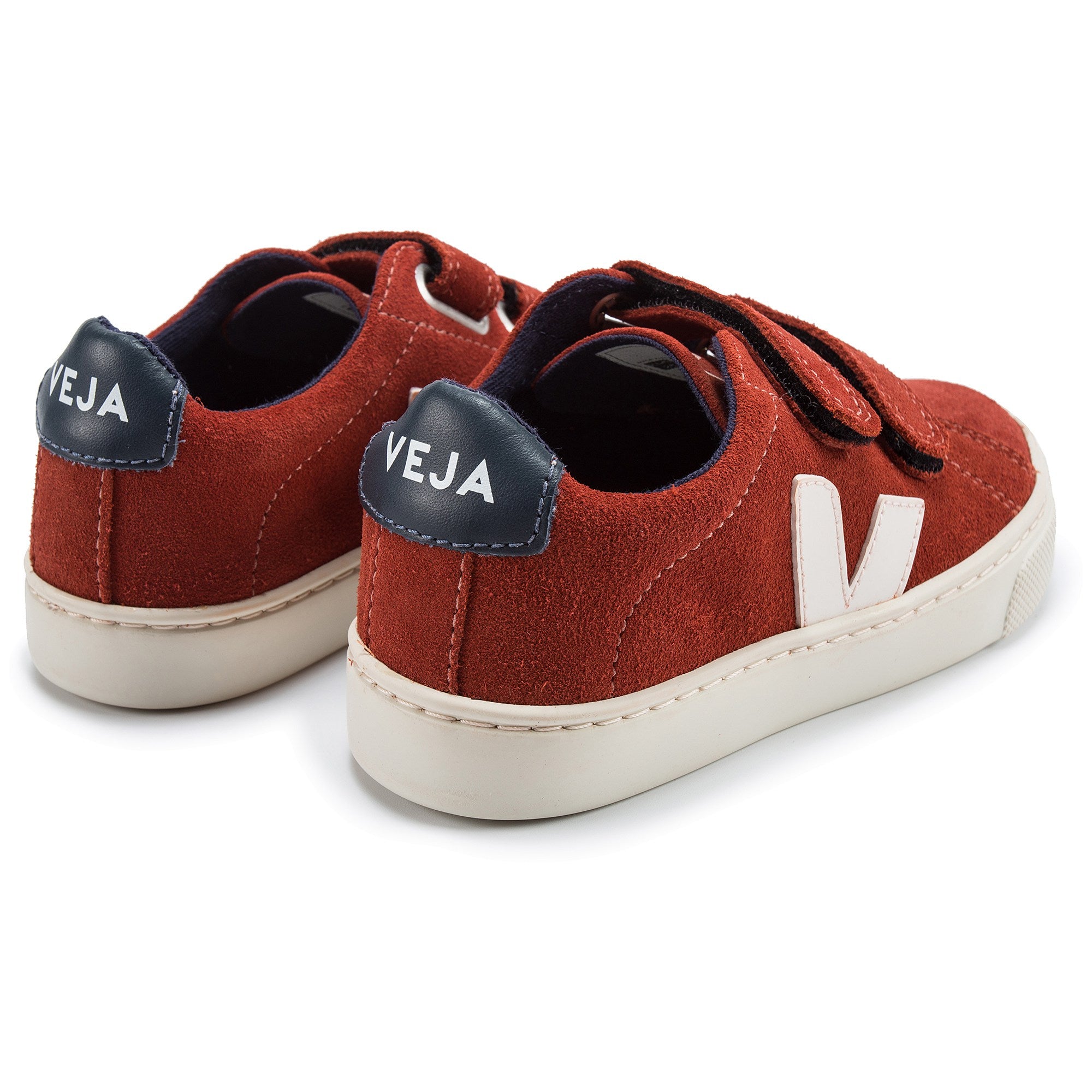 Girls & Boys Red Leather Velcro With White "V" Shoes