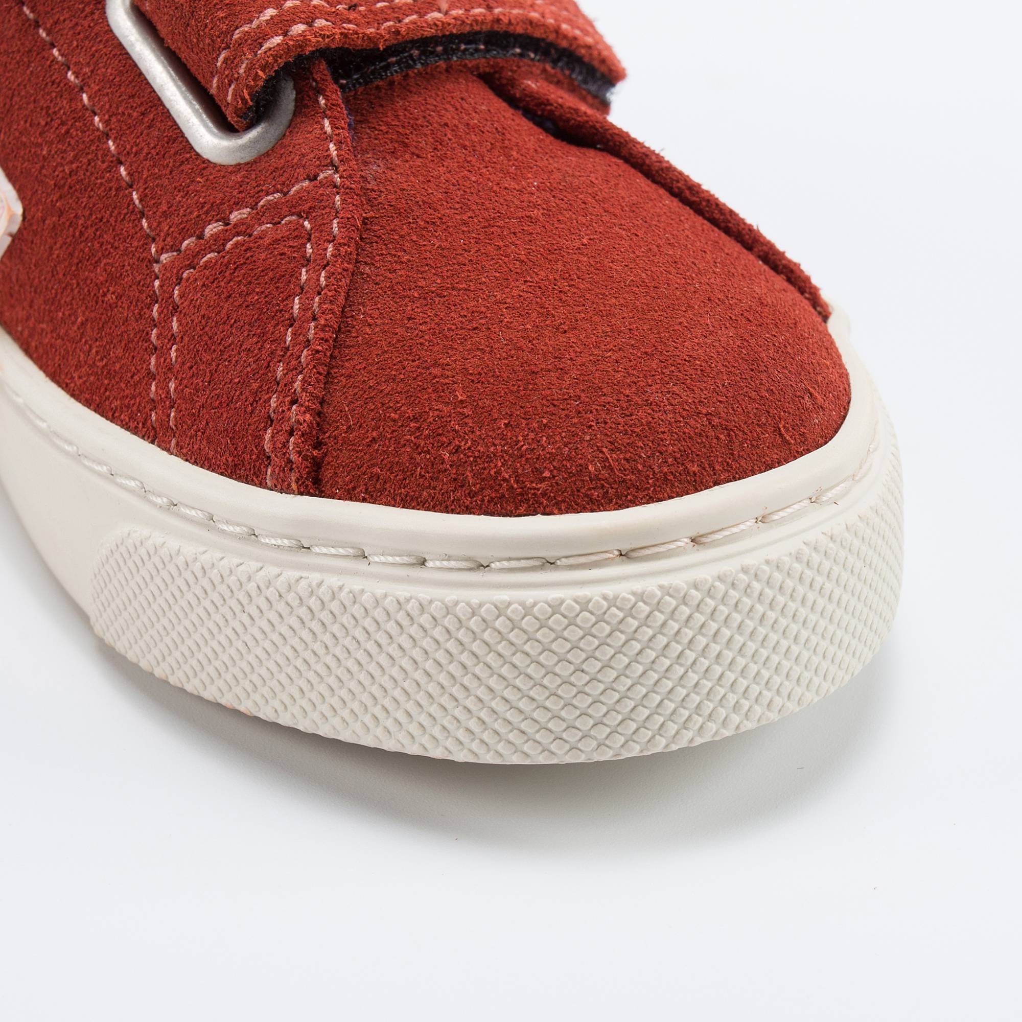 Girls & Boys Red Leather Velcro With White "V" Shoes