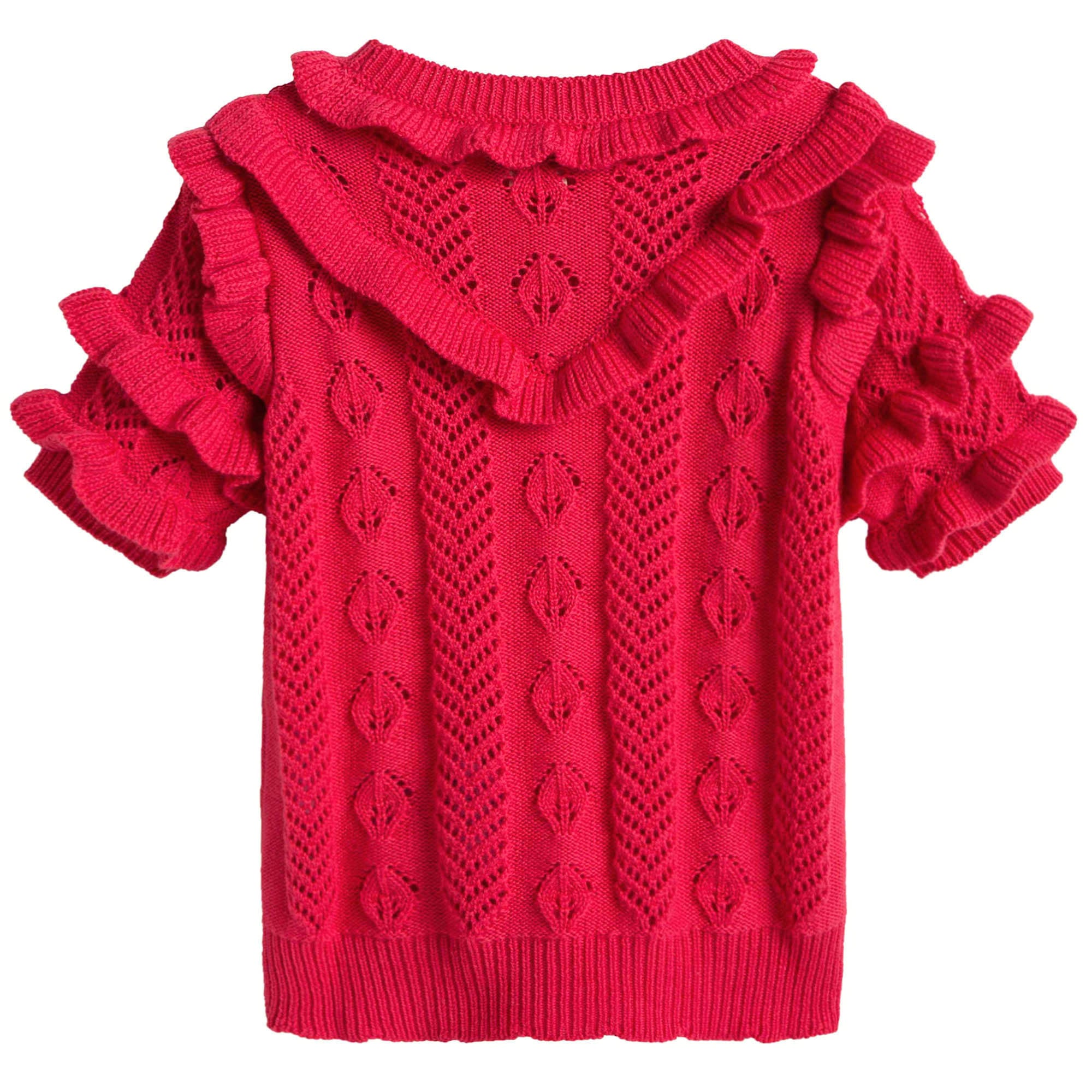 Girls Red Knitted Hollow Short Sleeve Sweater