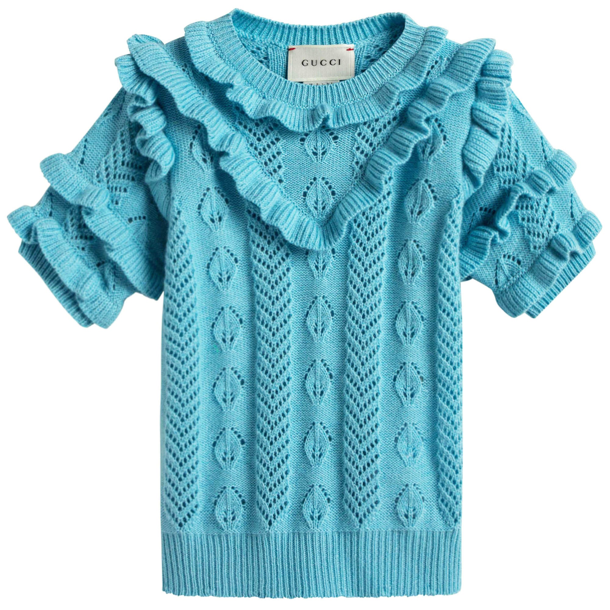 Girls Light Blue Knitted Hollow Short Sleeve Sweater
