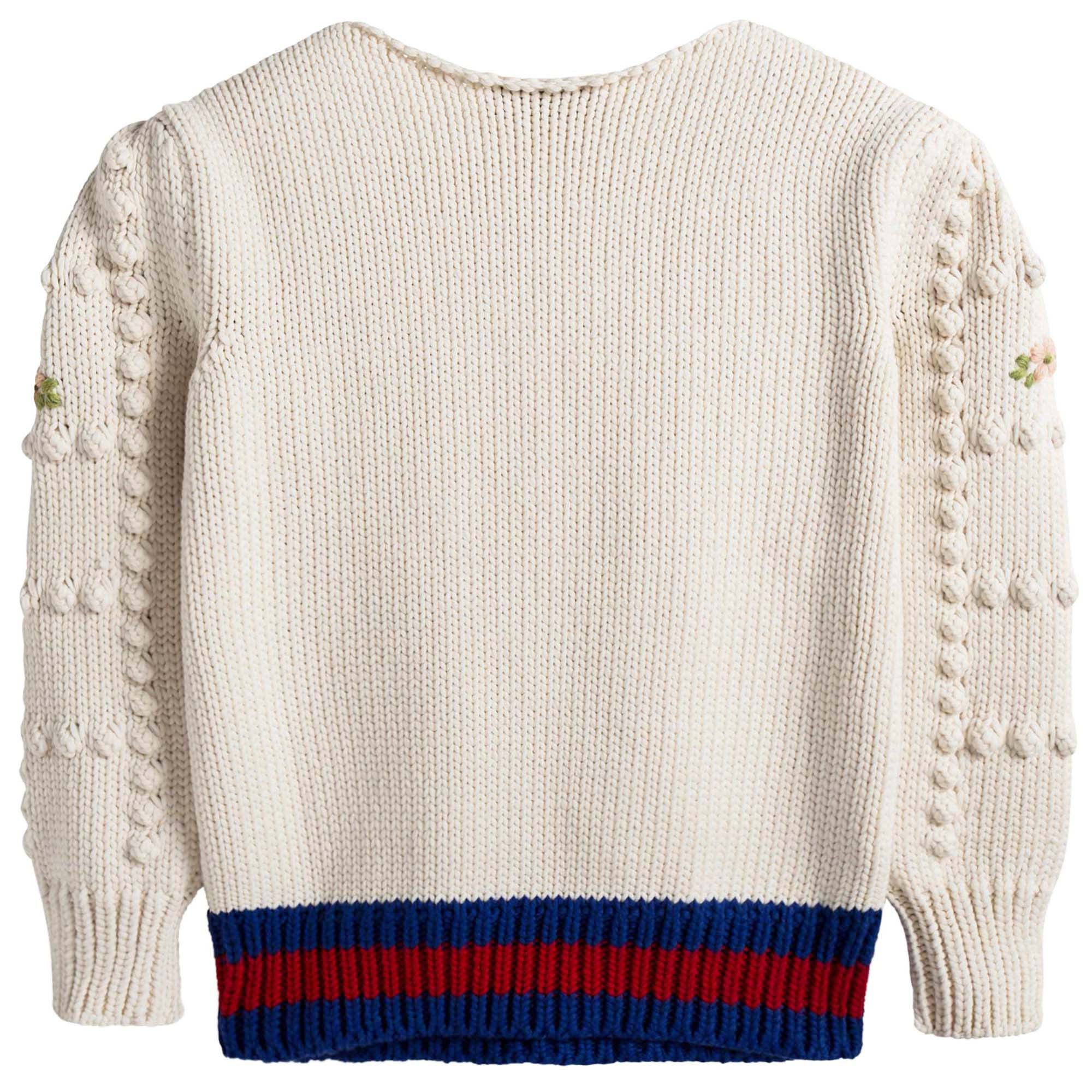 Girls White Knitted Trims Cotton Sweater
