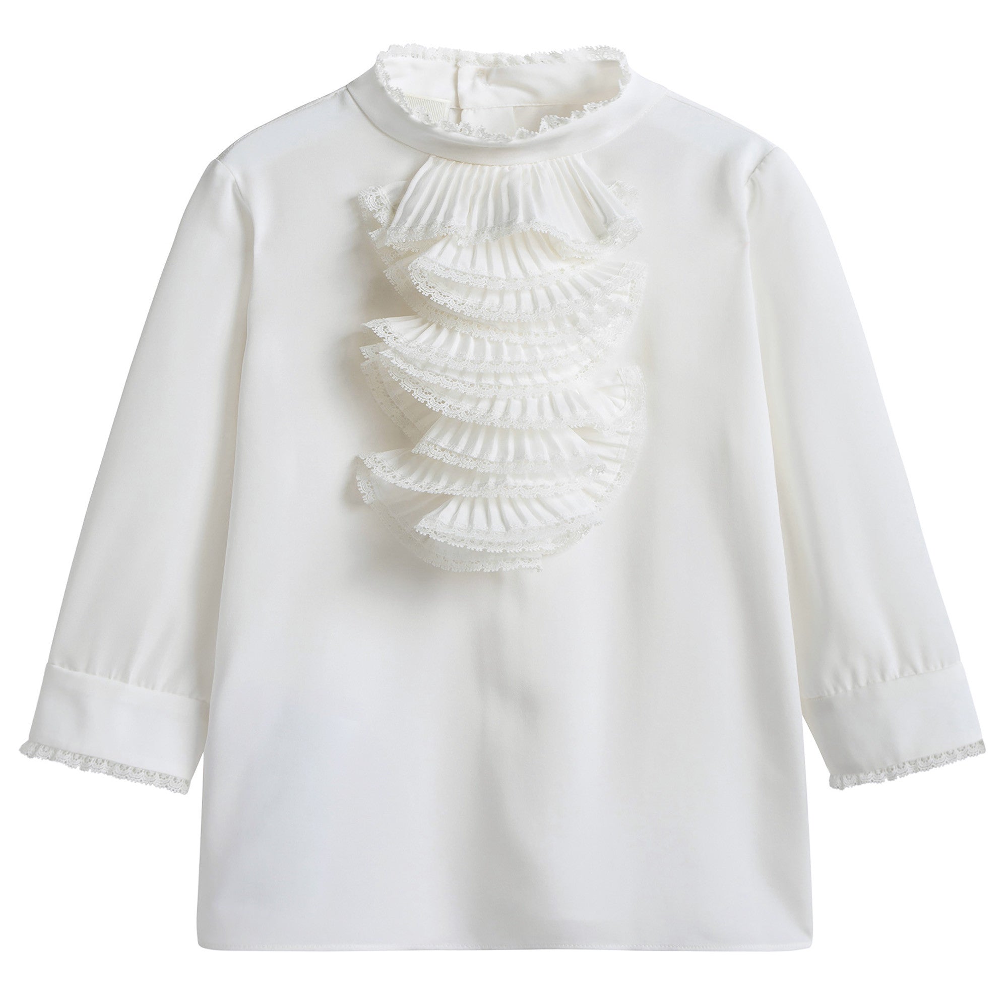 Girls White Ruffled Trims Silk Shirt