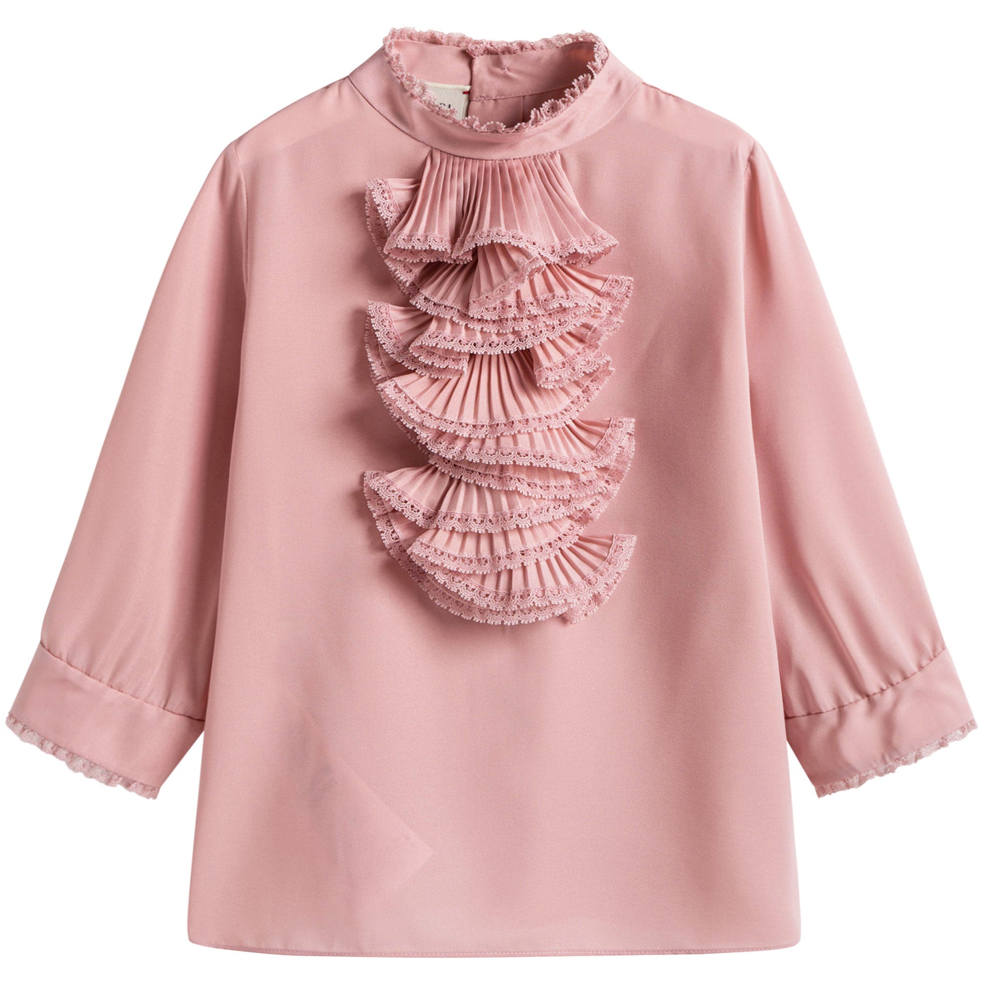 Girls Light Pink Ruffled Trims Silk Shirt