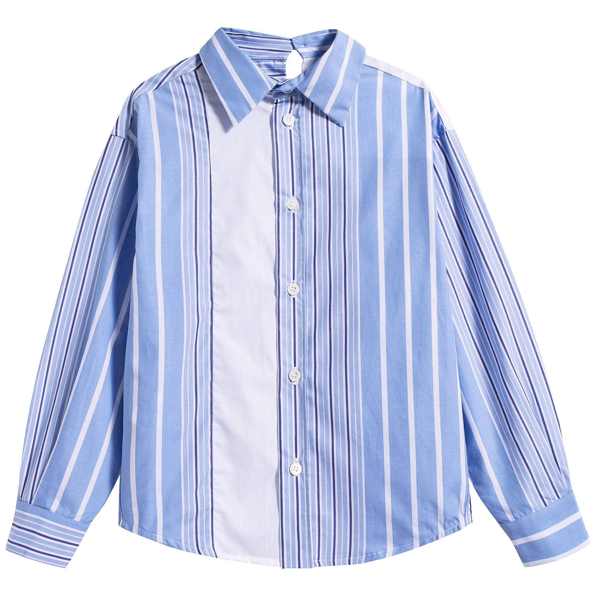 Girls Sky Blue Striped Cotton Shirt