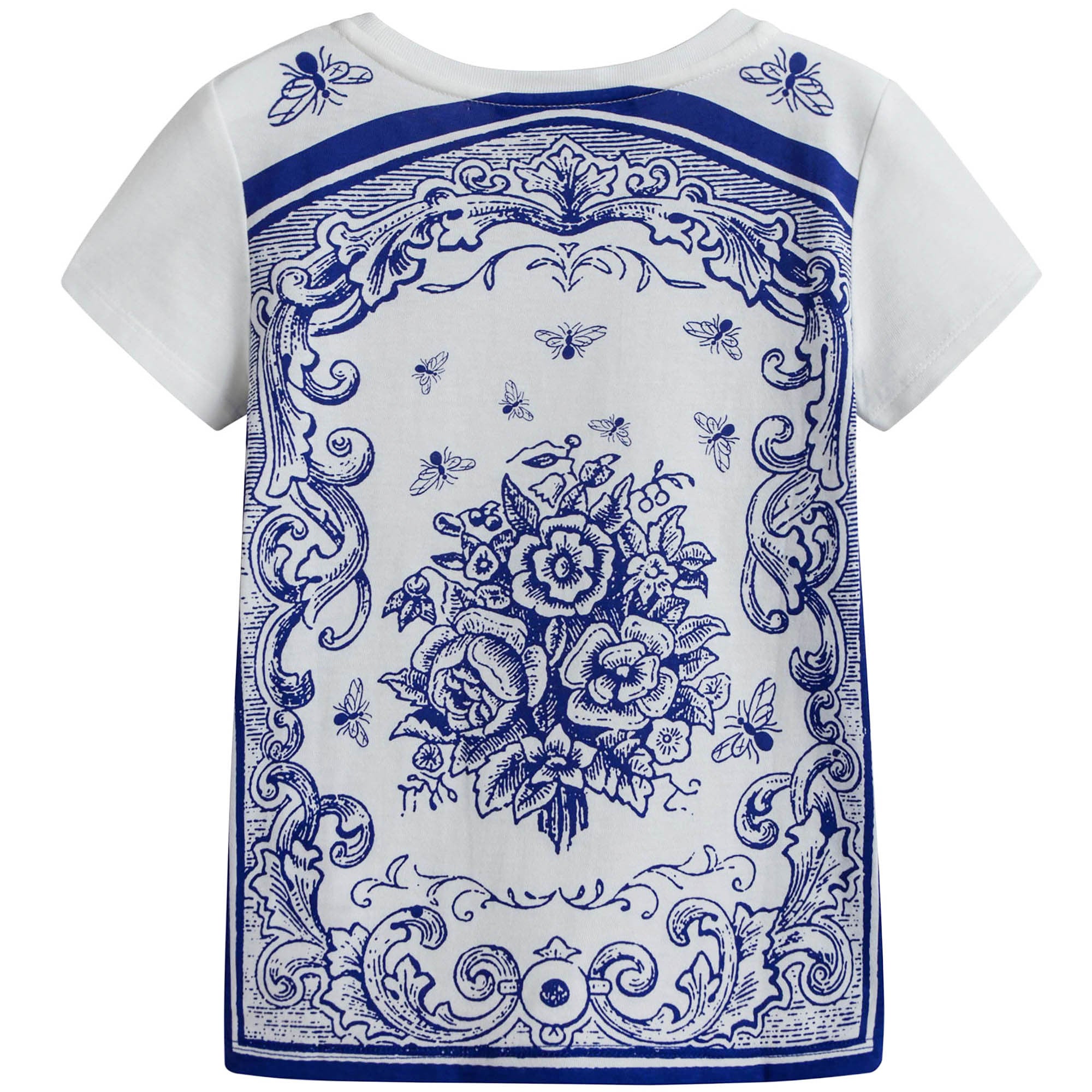 Girls White & Blue Cotton T-Shirt