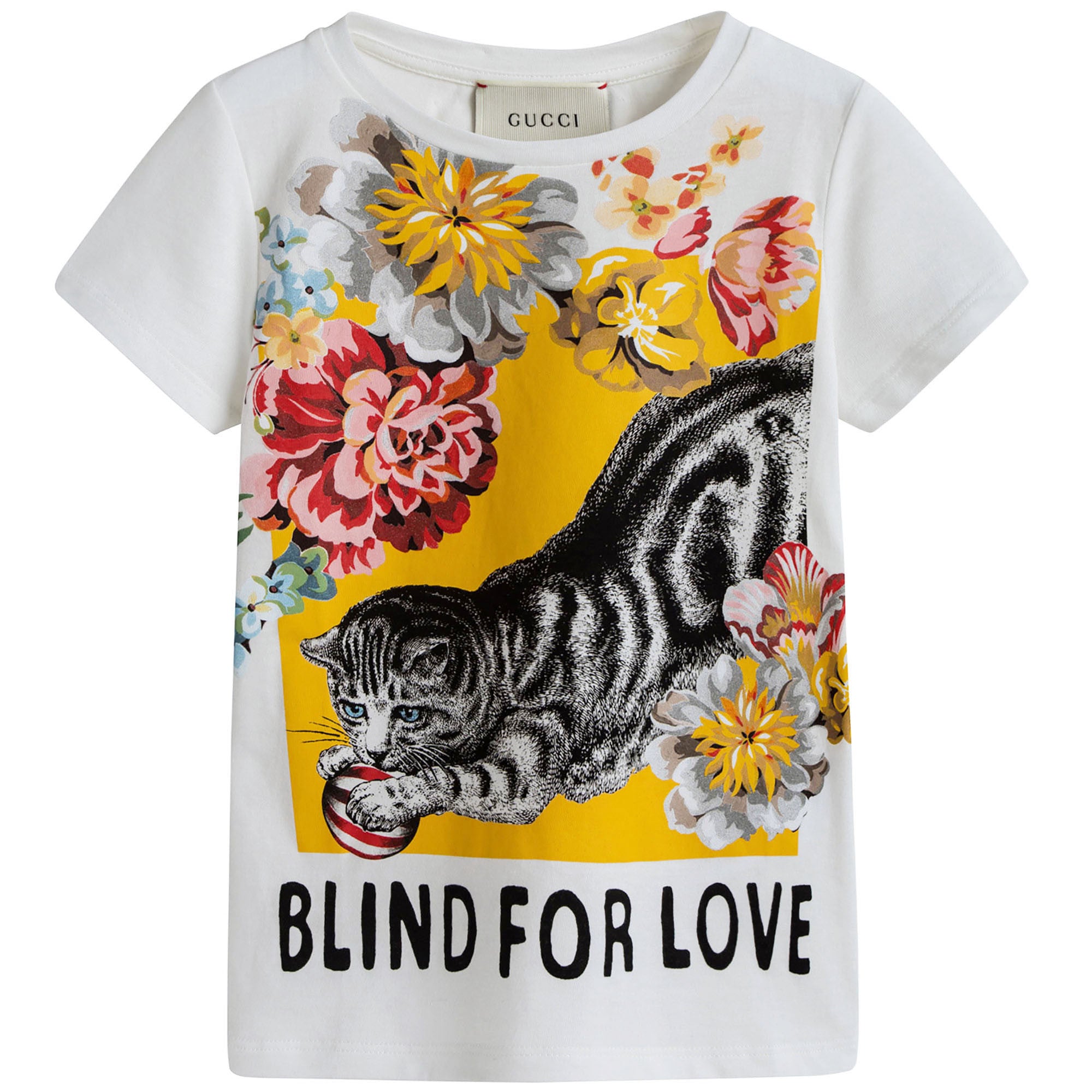 Girls White Cat & Flower Printed Trims Cotton T-Shirt