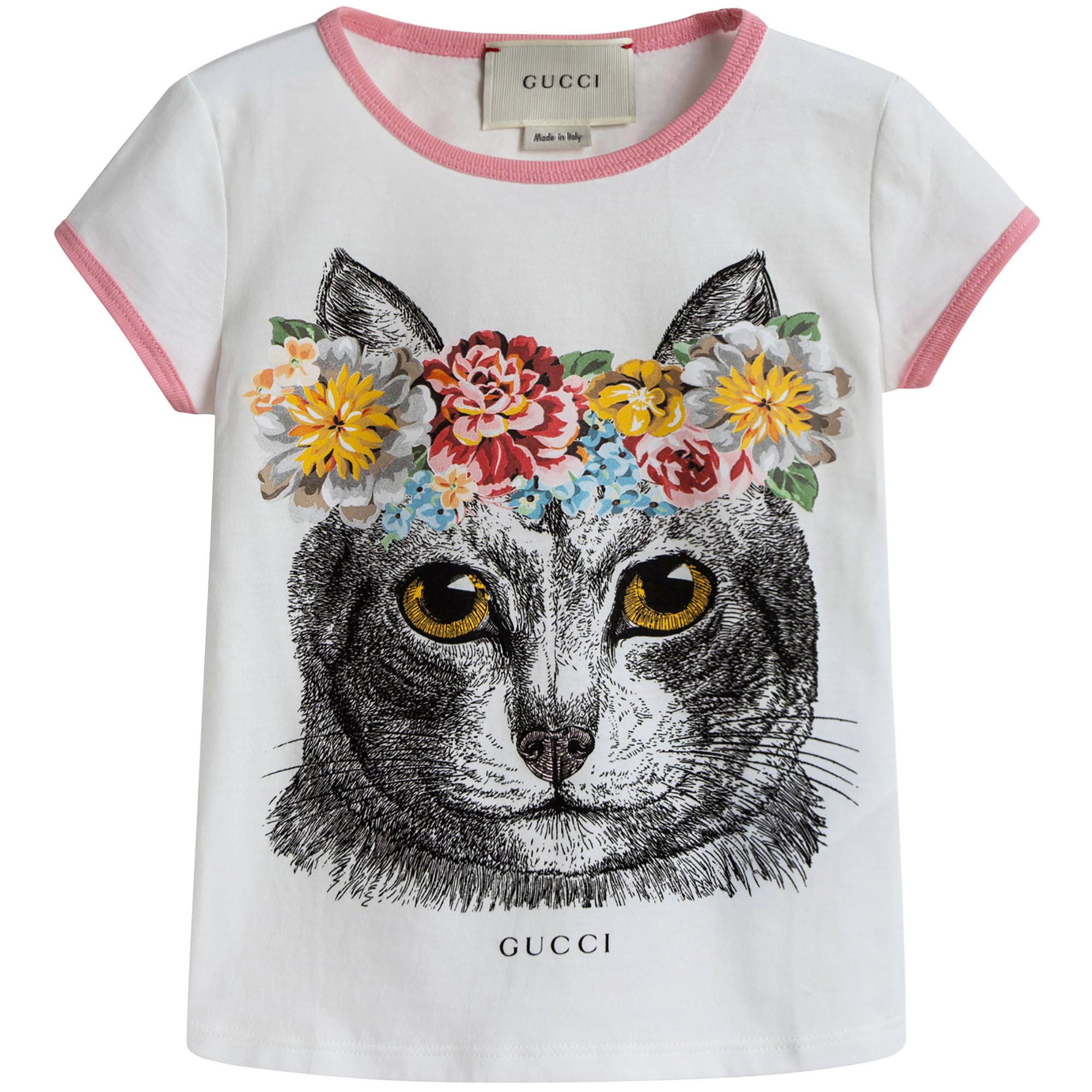 Girls White Cat Printed Trims Cotton T-Shirt