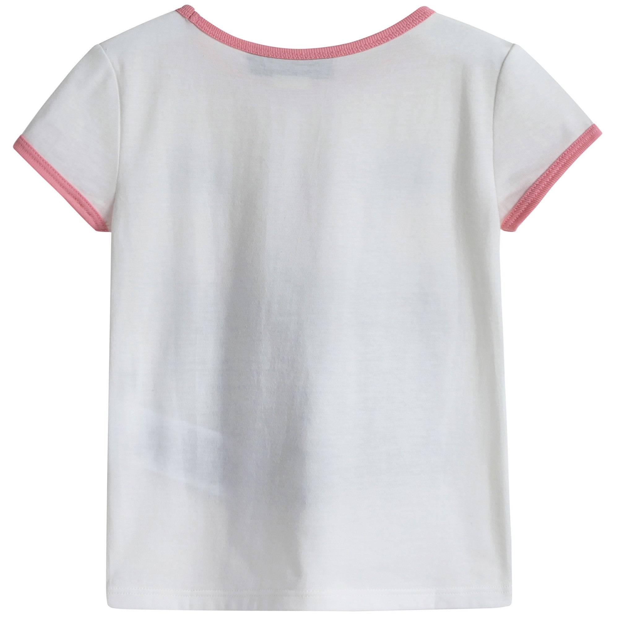 Girls White Cat Printed Trims Cotton T-Shirt
