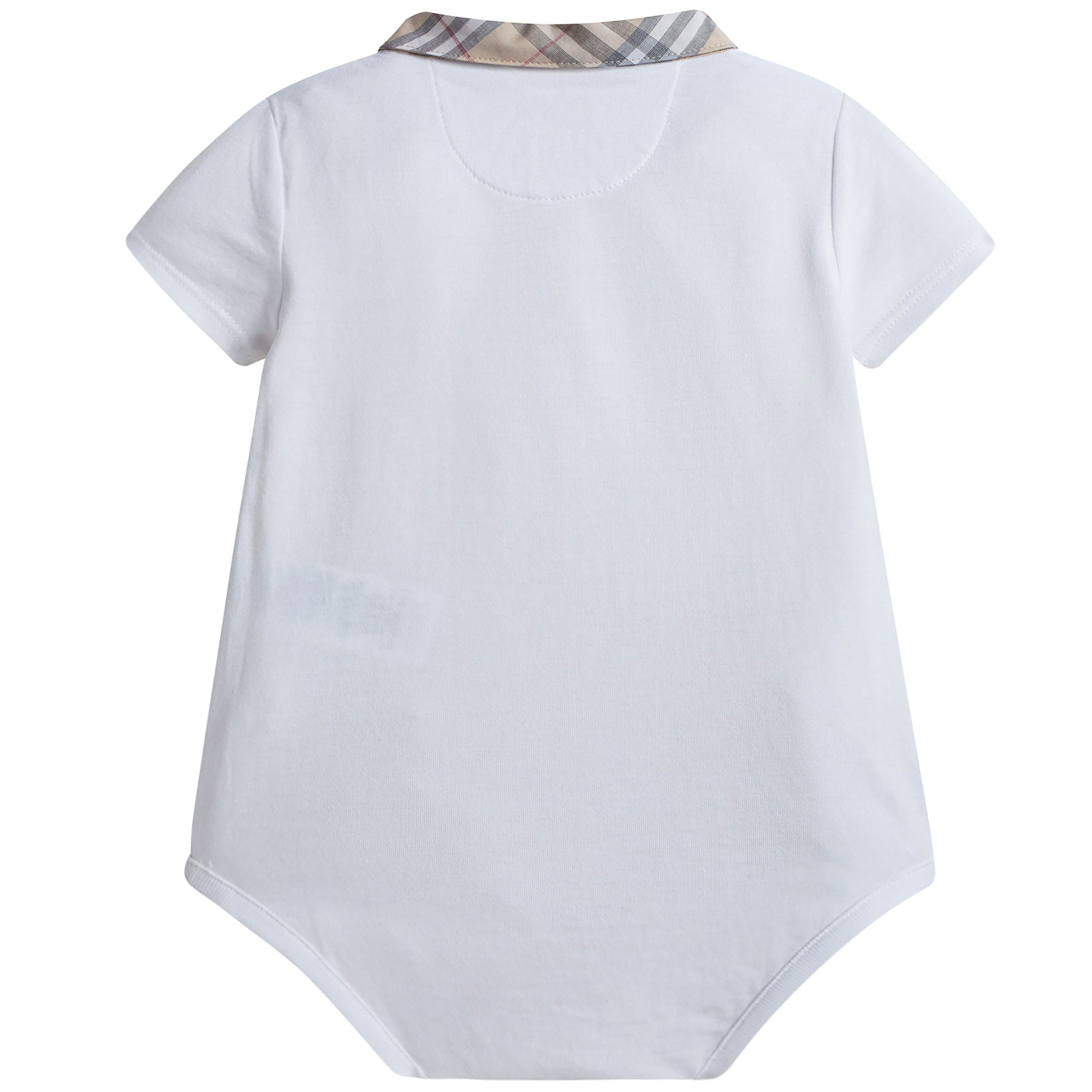 Baby White Bodysuits With Beige Check Collar
