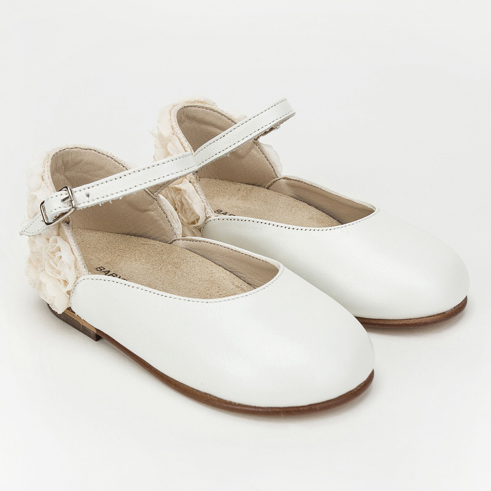 Girls Ivory Chiffon Flowers Embellished Heel Leather Ballerinas