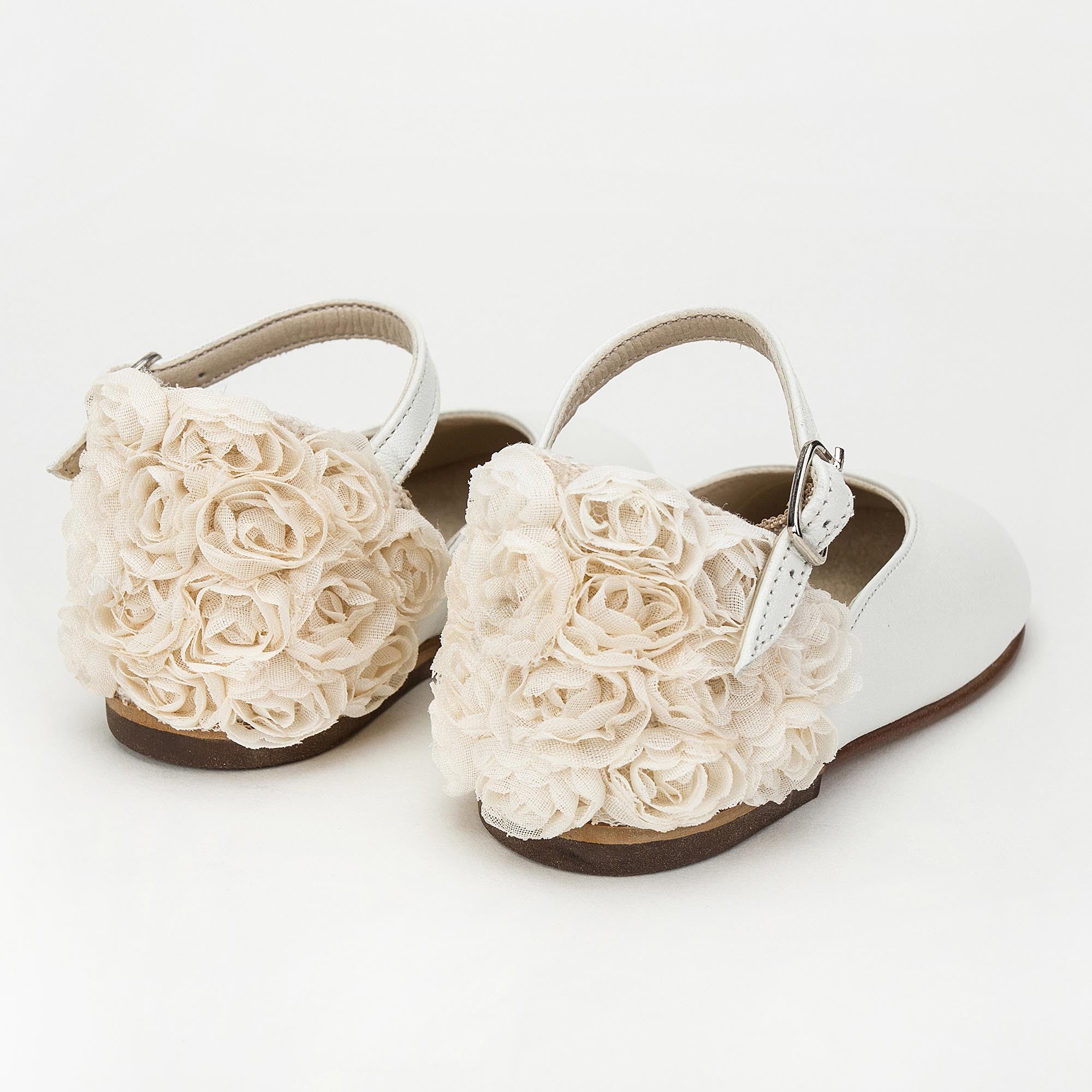Girls Ivory Chiffon Flowers Embellished Heel Leather Ballerinas