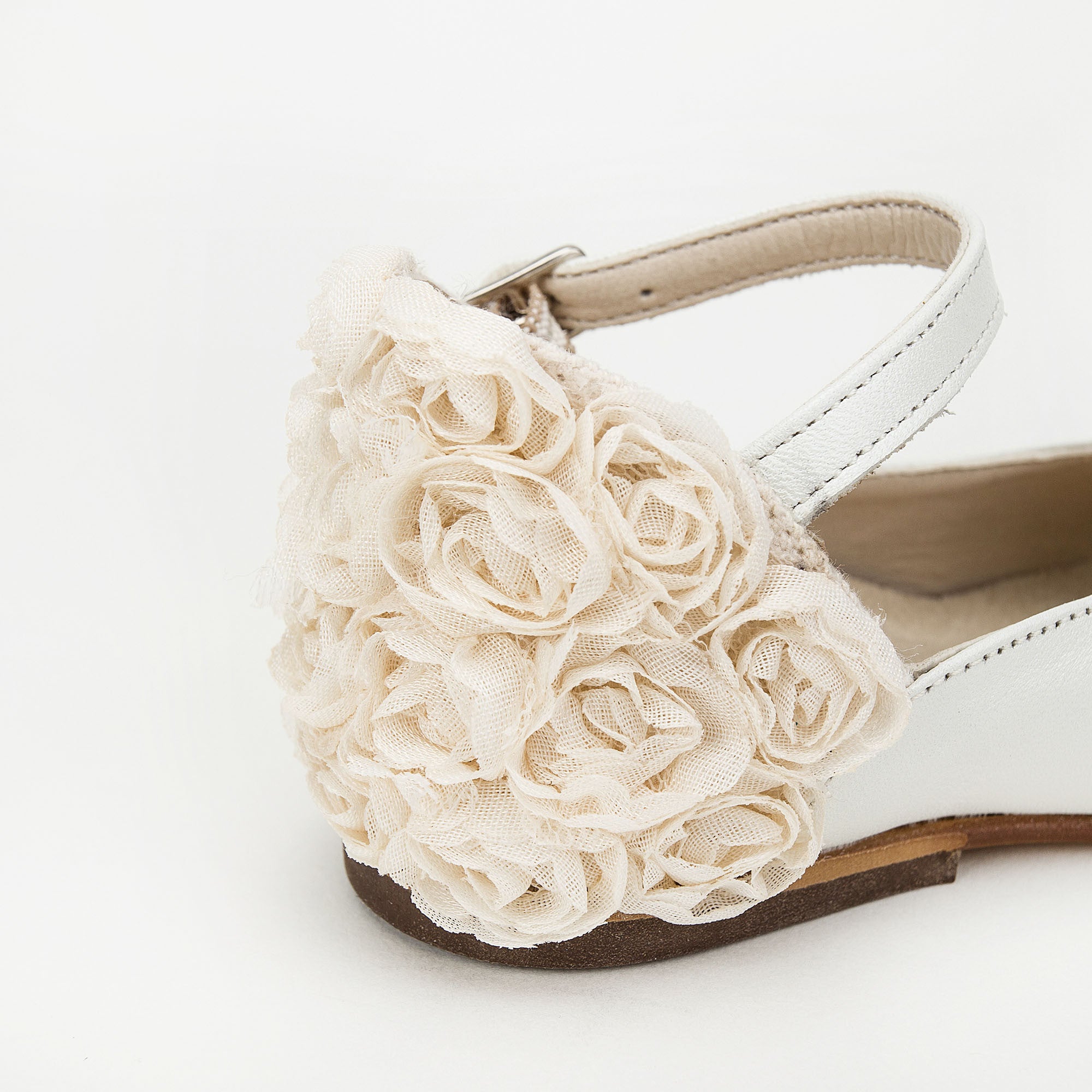 Girls Ivory Chiffon Flowers Embellished Heel Leather Ballerinas