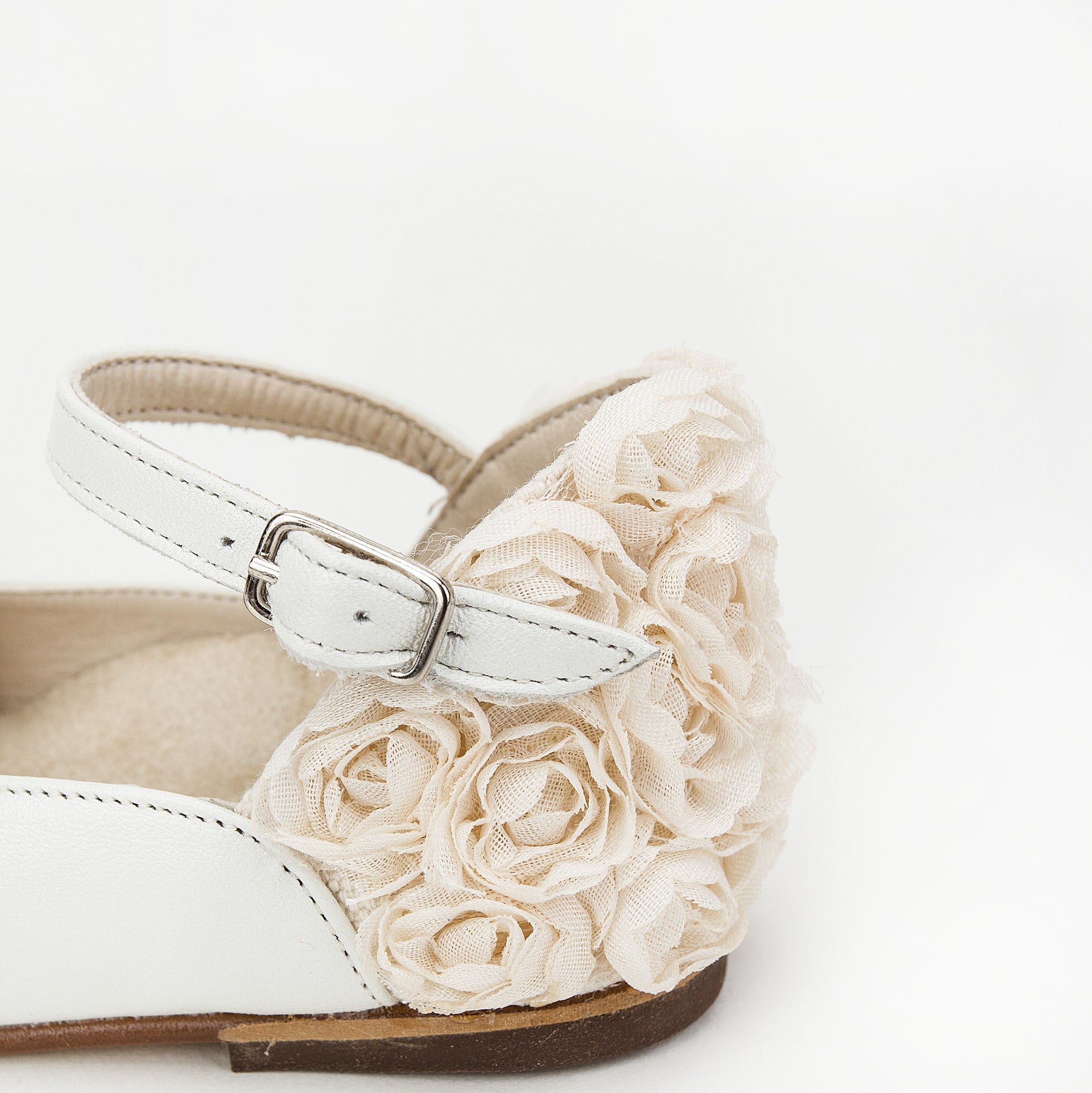 Girls Ivory Chiffon Flowers Embellished Heel Leather Ballerinas