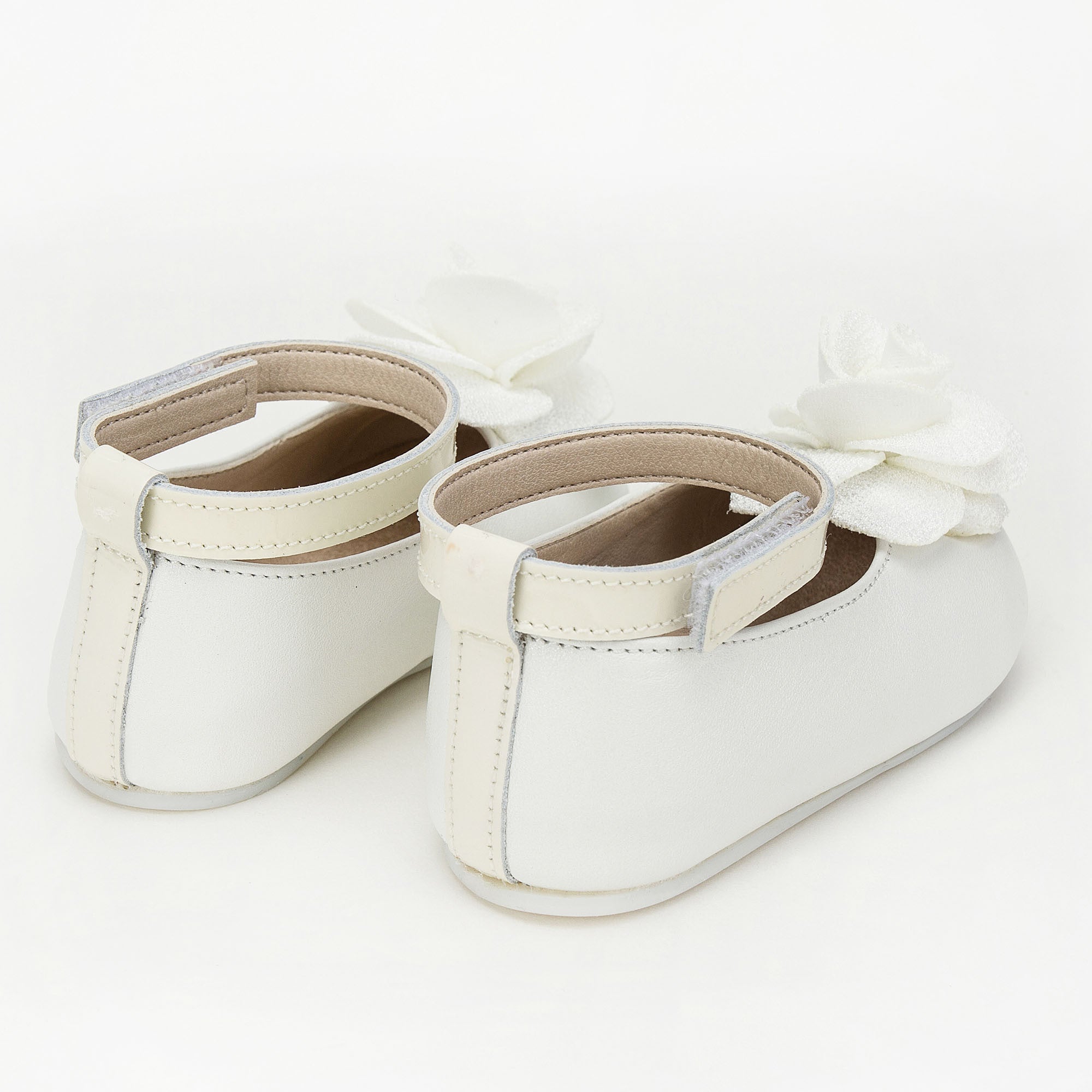 Girls Ivory Suede Ballerinas With Black Patch Camelia Flower Embellished