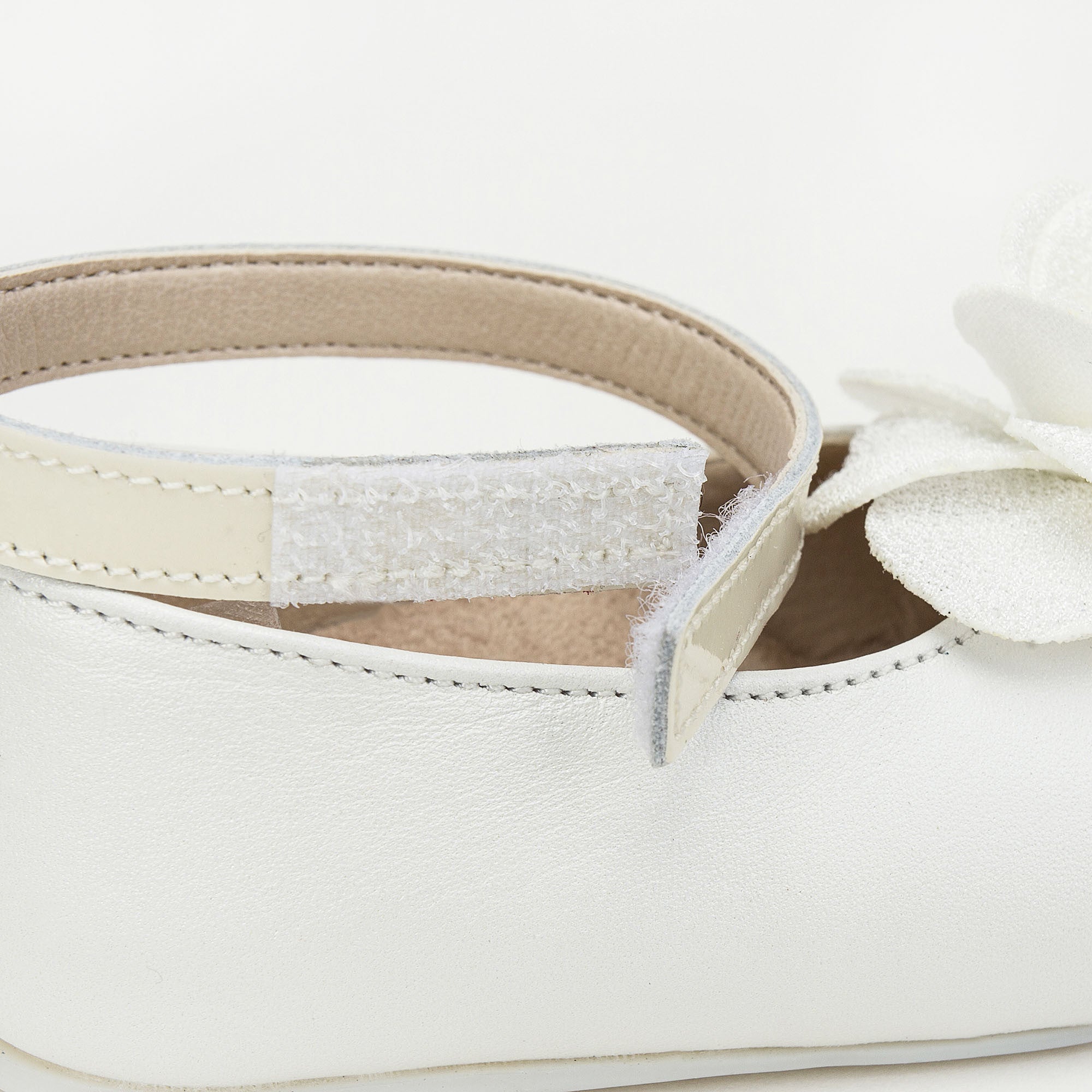 Girls Ivory Suede Ballerinas With Black Patch Camelia Flower Embellished