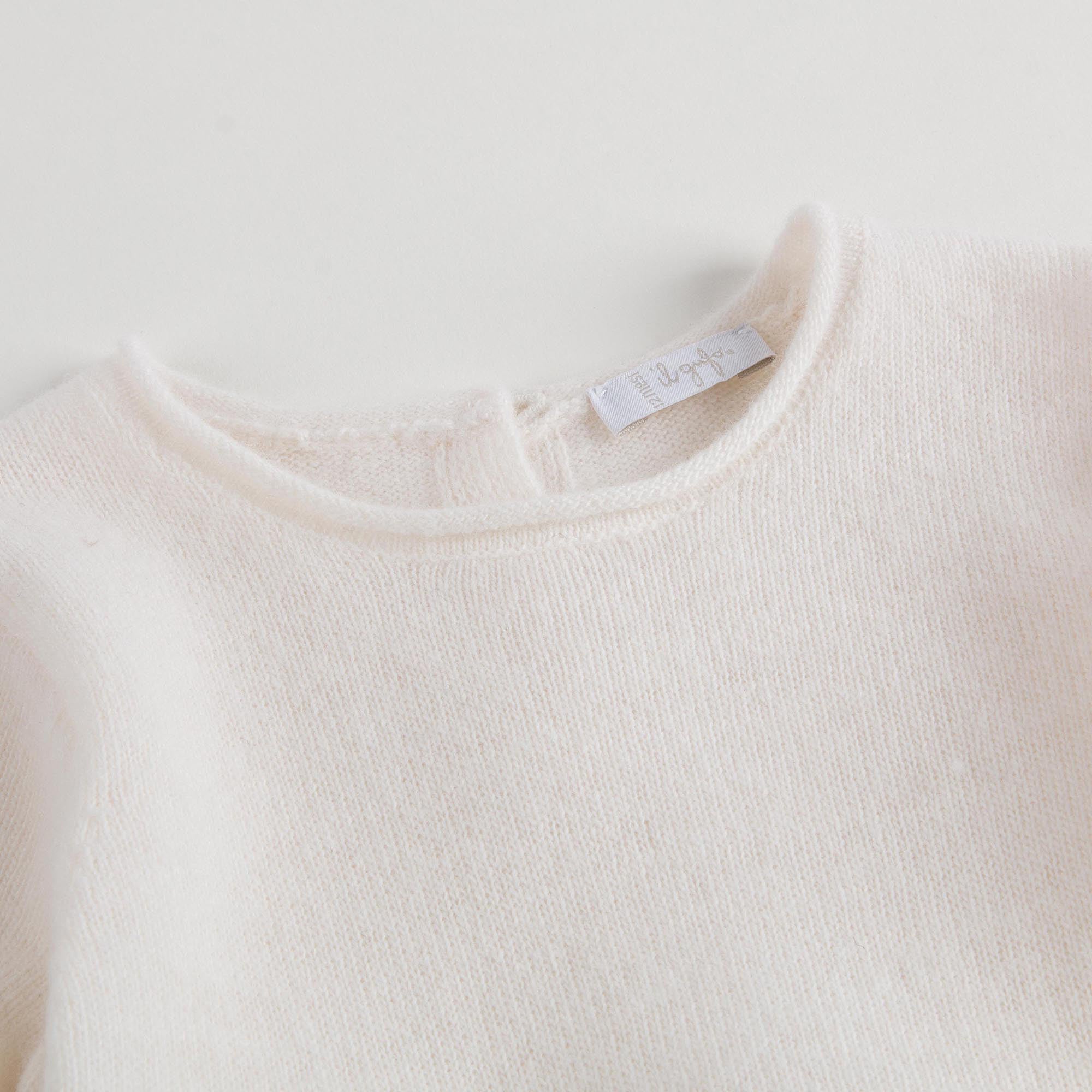 Baby Girls Milk White Wool Dress With White Patch Flower Trims