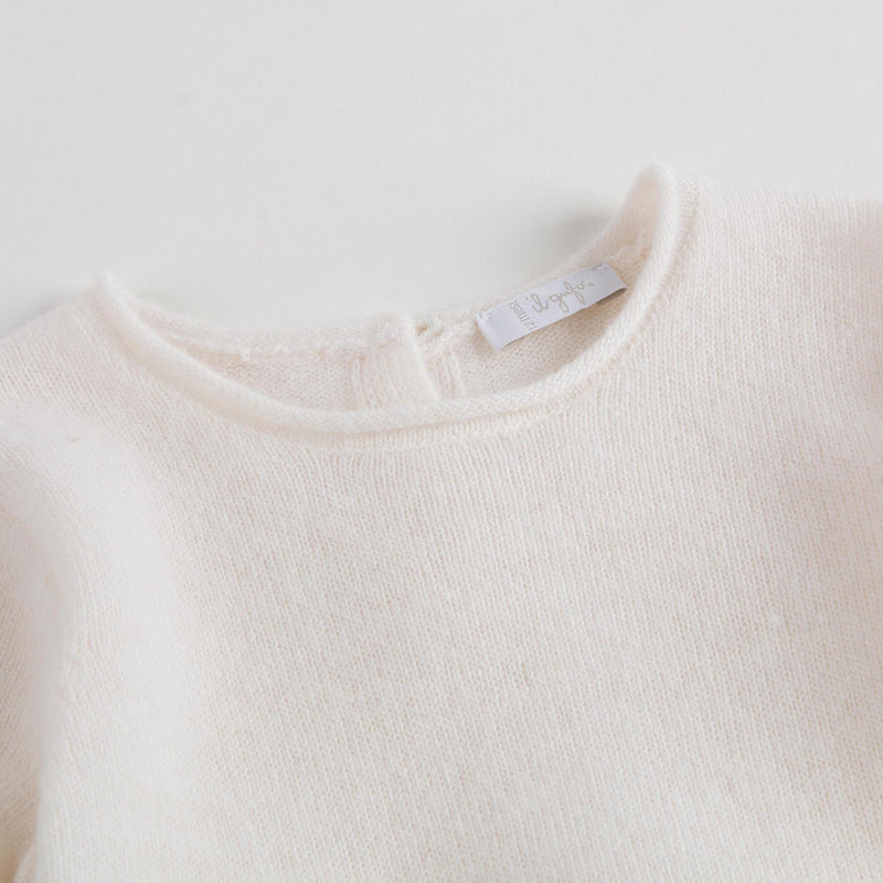 Baby Girls Milk White Wool Dress With White Patch Flower Trims