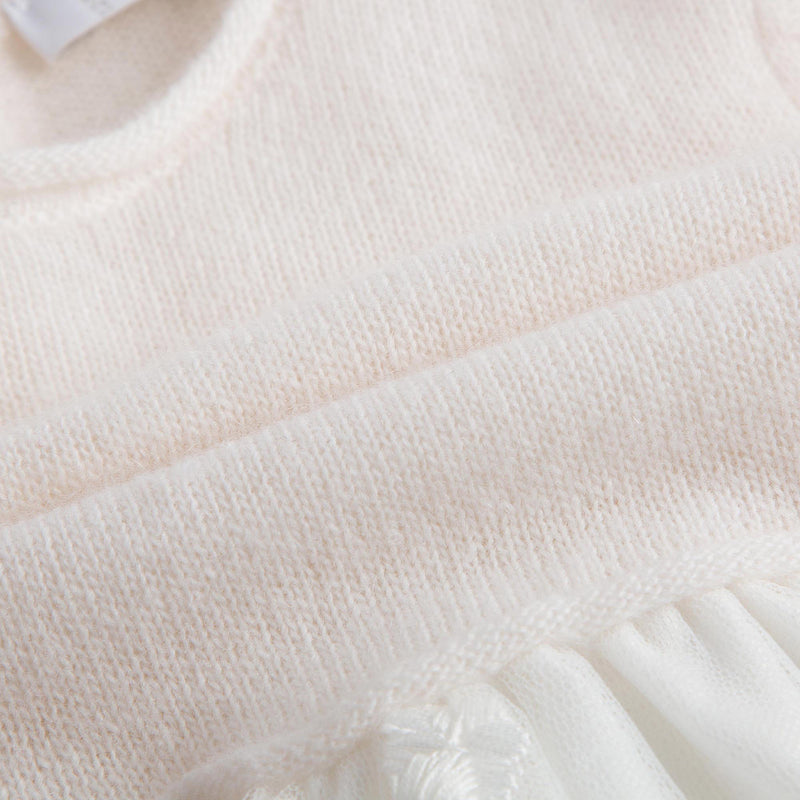 Baby Girls Milk White Wool Dress With White Patch Flower Trims