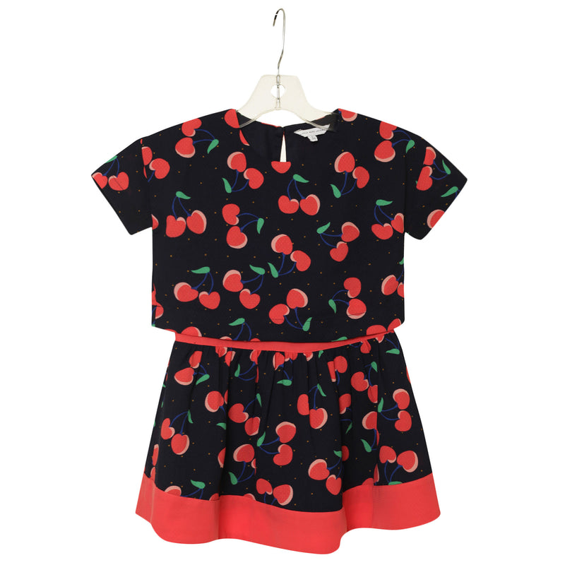 Girls Navy Blue Cherry Printed Trims Dress - CÉMAROSE | Children's Fashion Store - 1