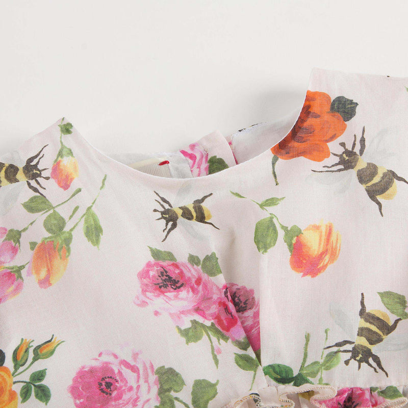 Baby Girls White Cotton Dress With Multicolor Flower Print Trims