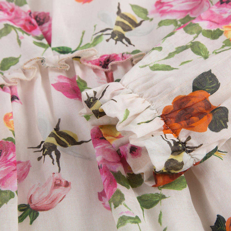 Baby Girls White Cotton Dress With Multicolor Flower Print Trims