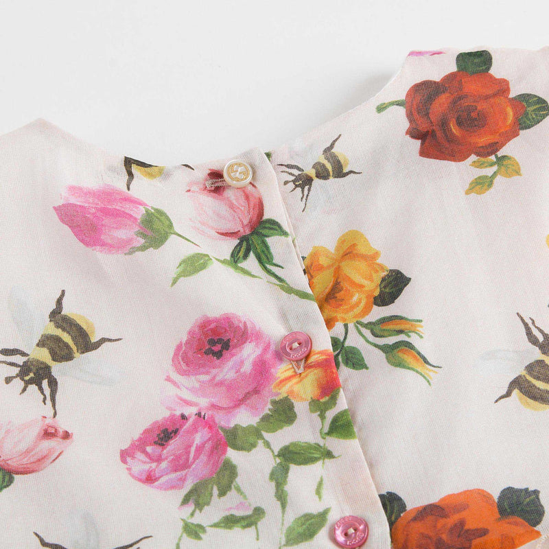 Baby Girls White Cotton Dress With Multicolor Flower Print Trims