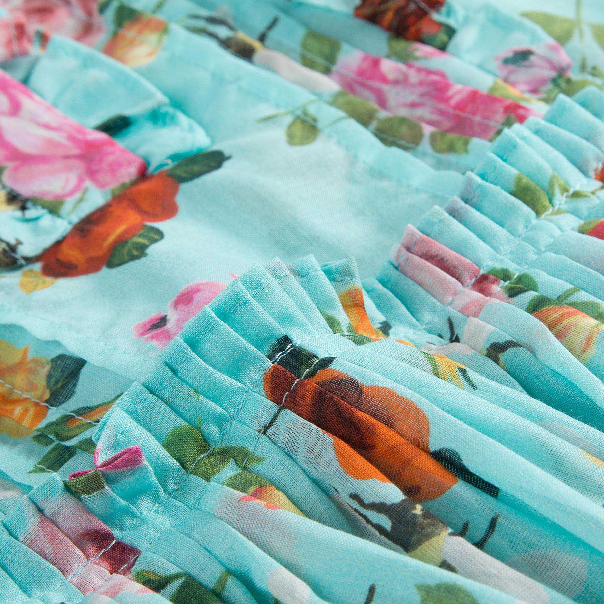 Girls Blue Cotton Dress With Multicolor Flower Print Trims