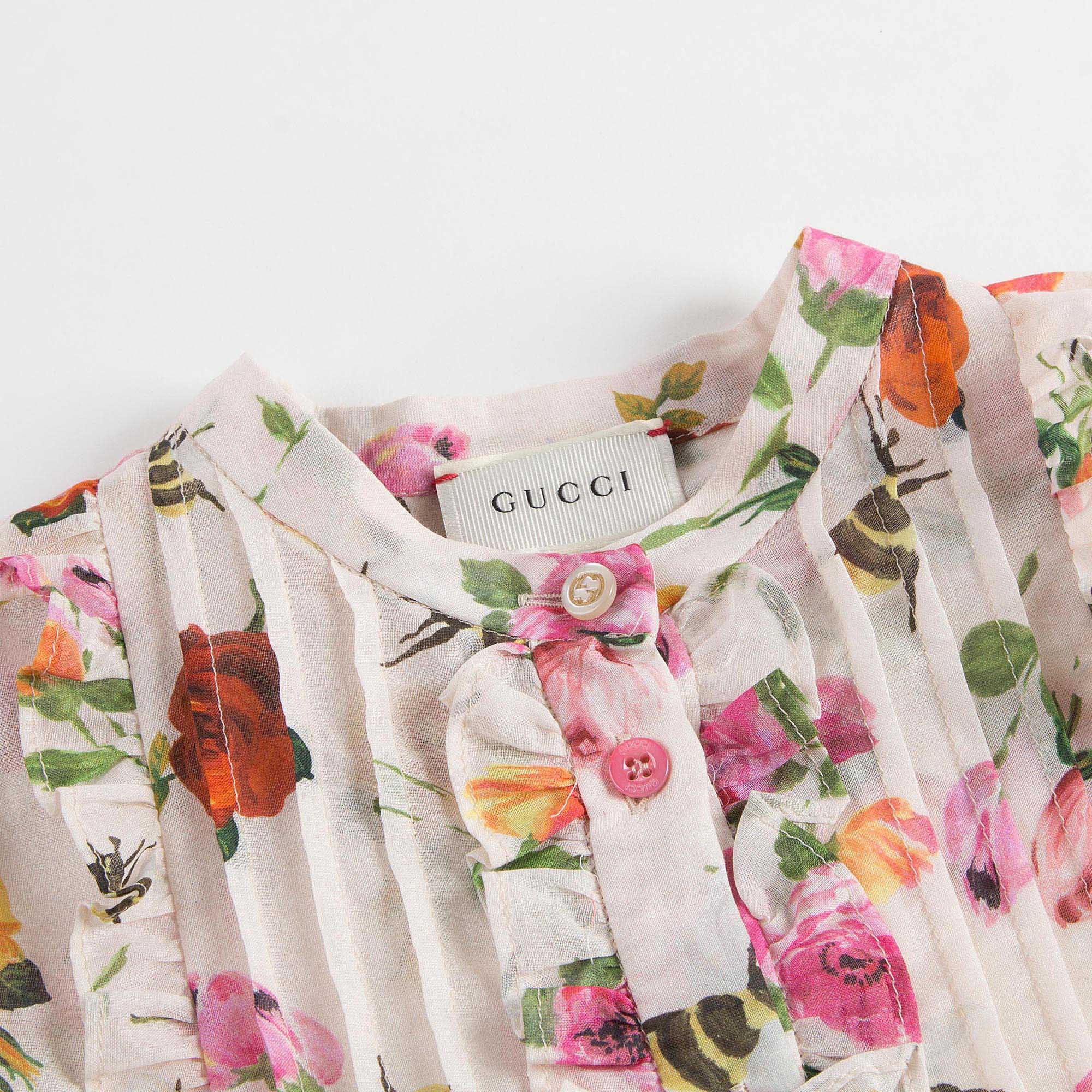 Girls White Cotton Dress With Multicolor Flower Print Trims