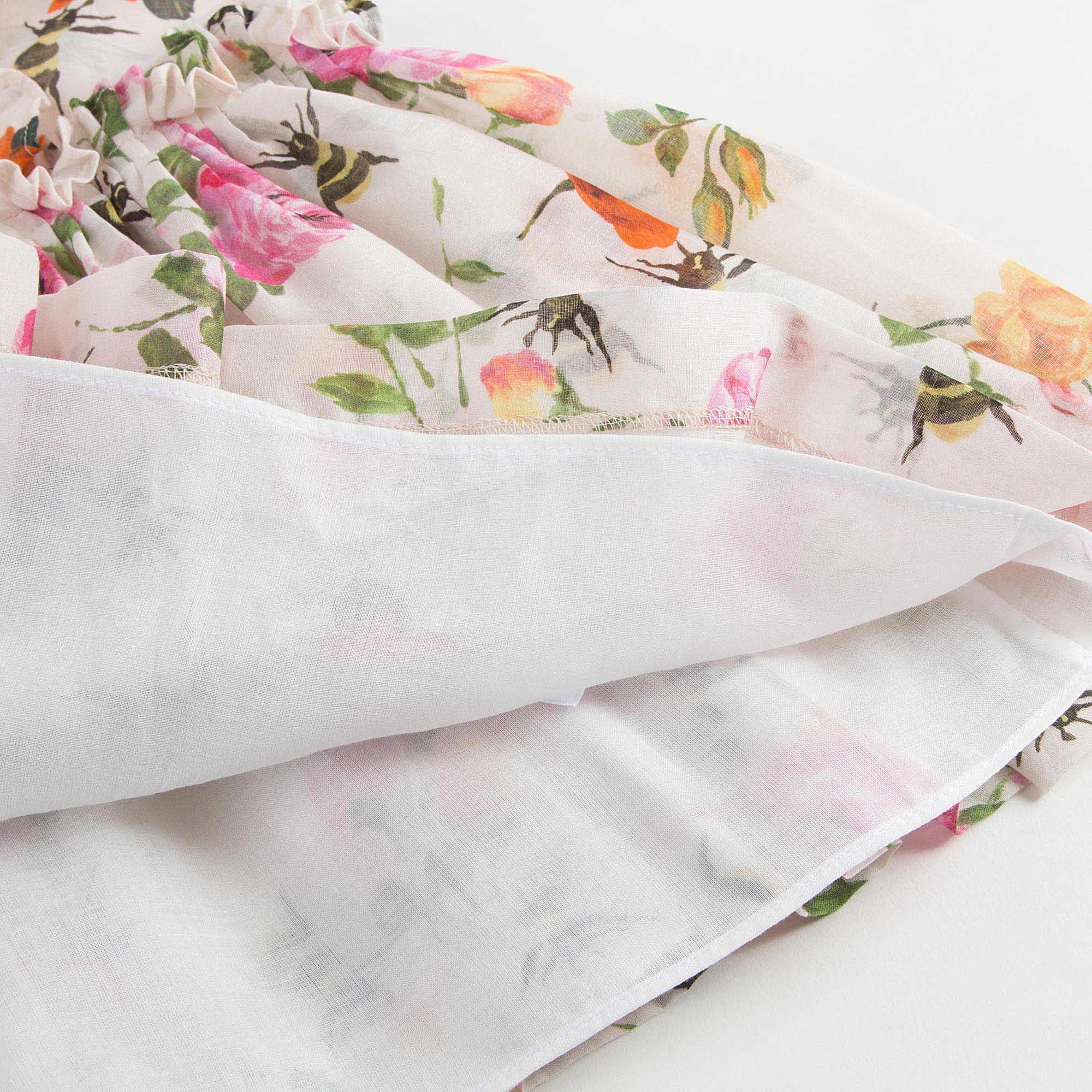 Girls White Cotton Dress With Multicolor Flower Print Trims