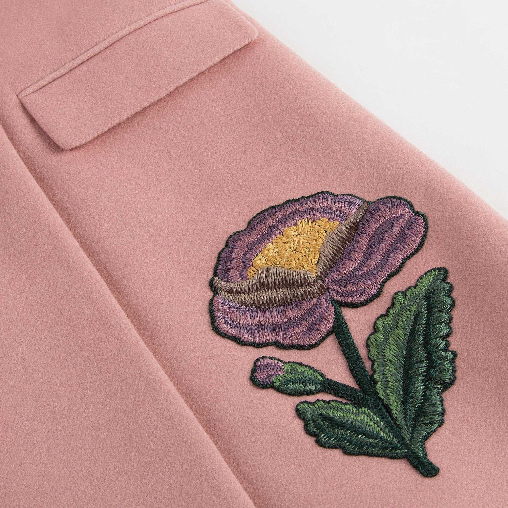 Girls Pink Wool Coat With Embroidered Flower Trims