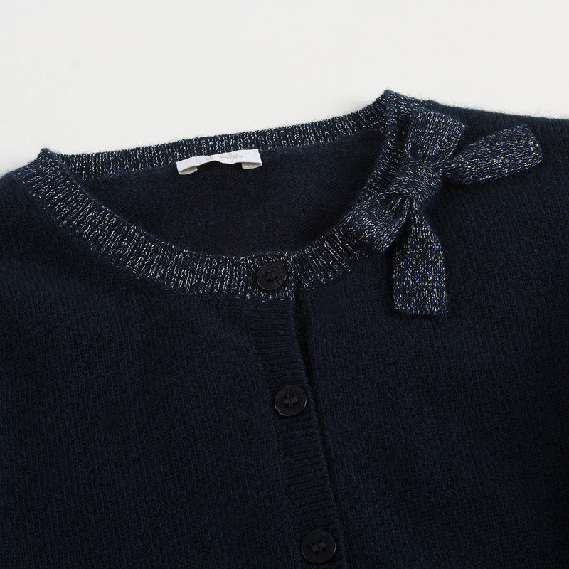 Girls Navy Blue Wool Cardigan With Silver Bow Trims