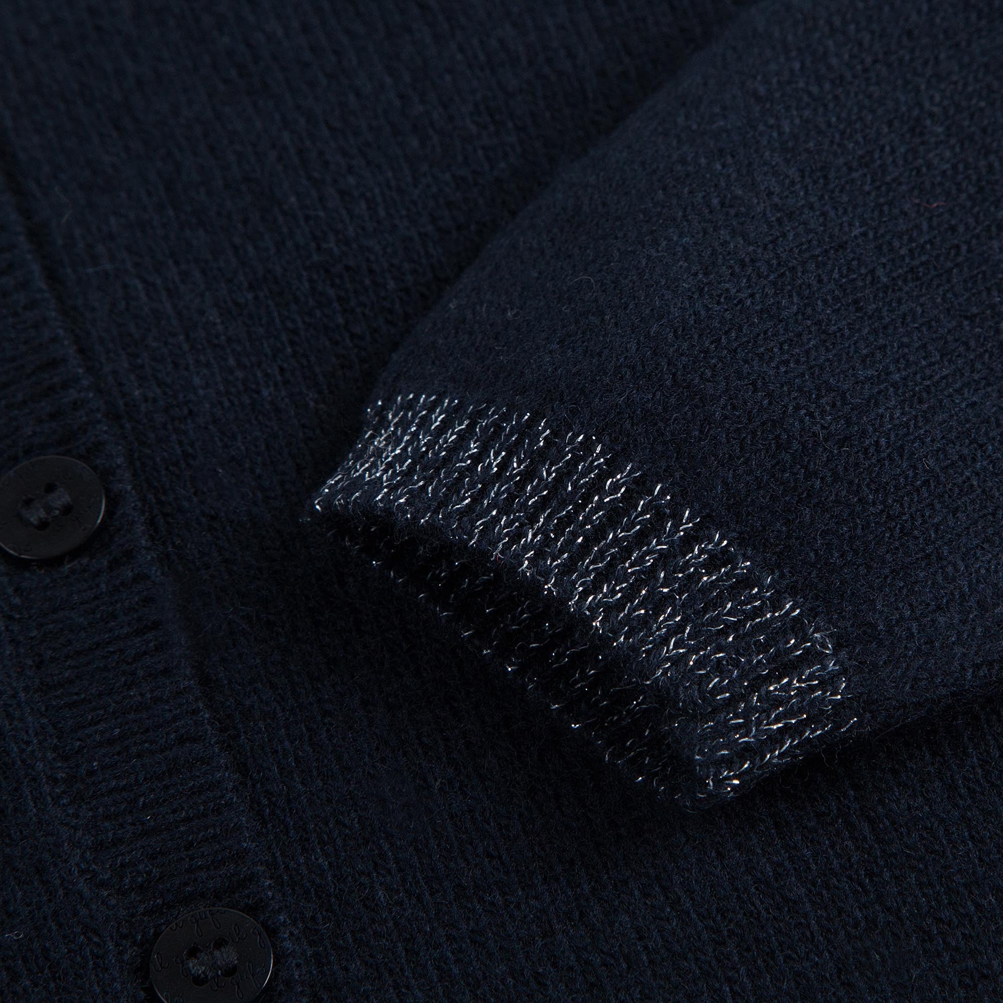 Girls Navy Blue Wool Cardigan With Silver Bow Trims