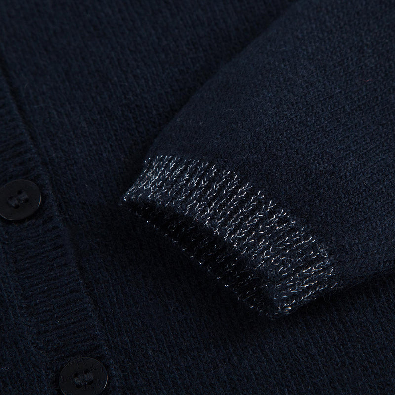 Girls Navy Blue Wool Cardigan With Silver Bow Trims