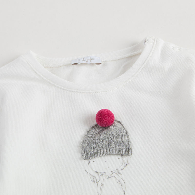 Baby Girls Milk White Cotton T-Shirt With Orchid Pink Pom-pom