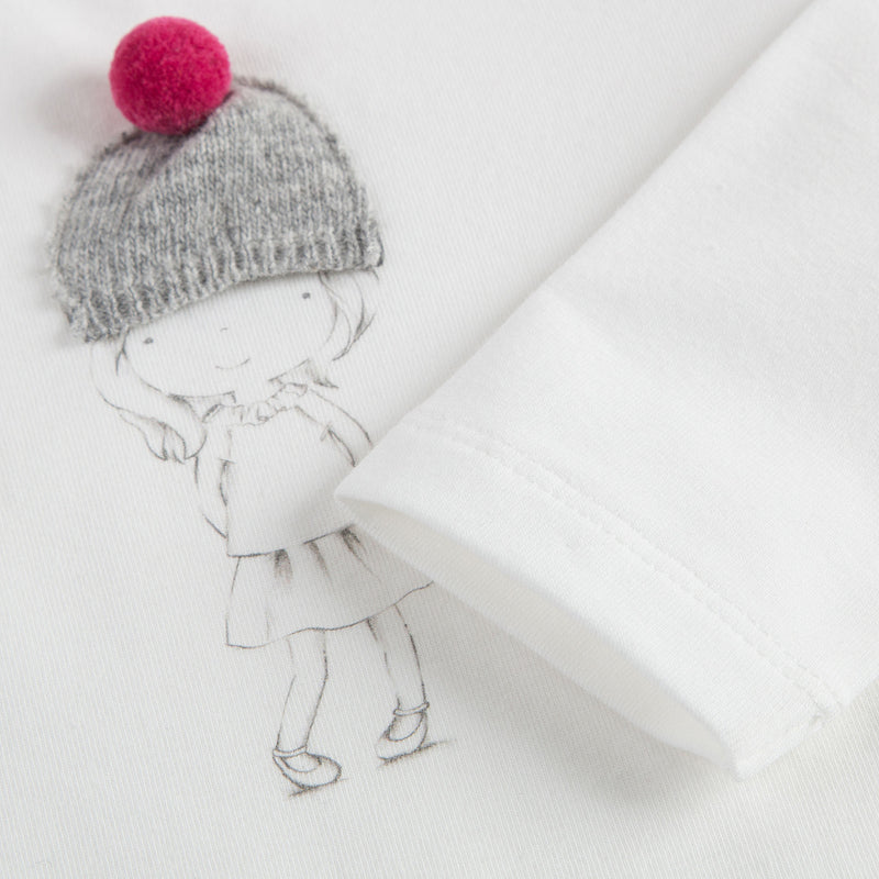 Baby Girls Milk White Cotton T-Shirt With Orchid Pink Pom-pom