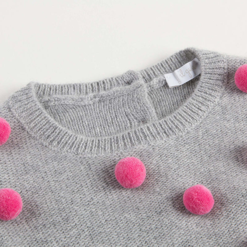 Baby Girls Grey Wool Knitted Dress With Pom-Pom Trims