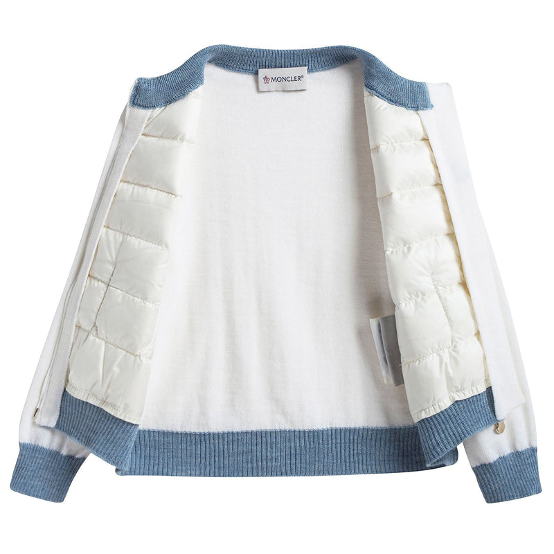 Baby Girls White Down Padded Cardigan With Blue Trim