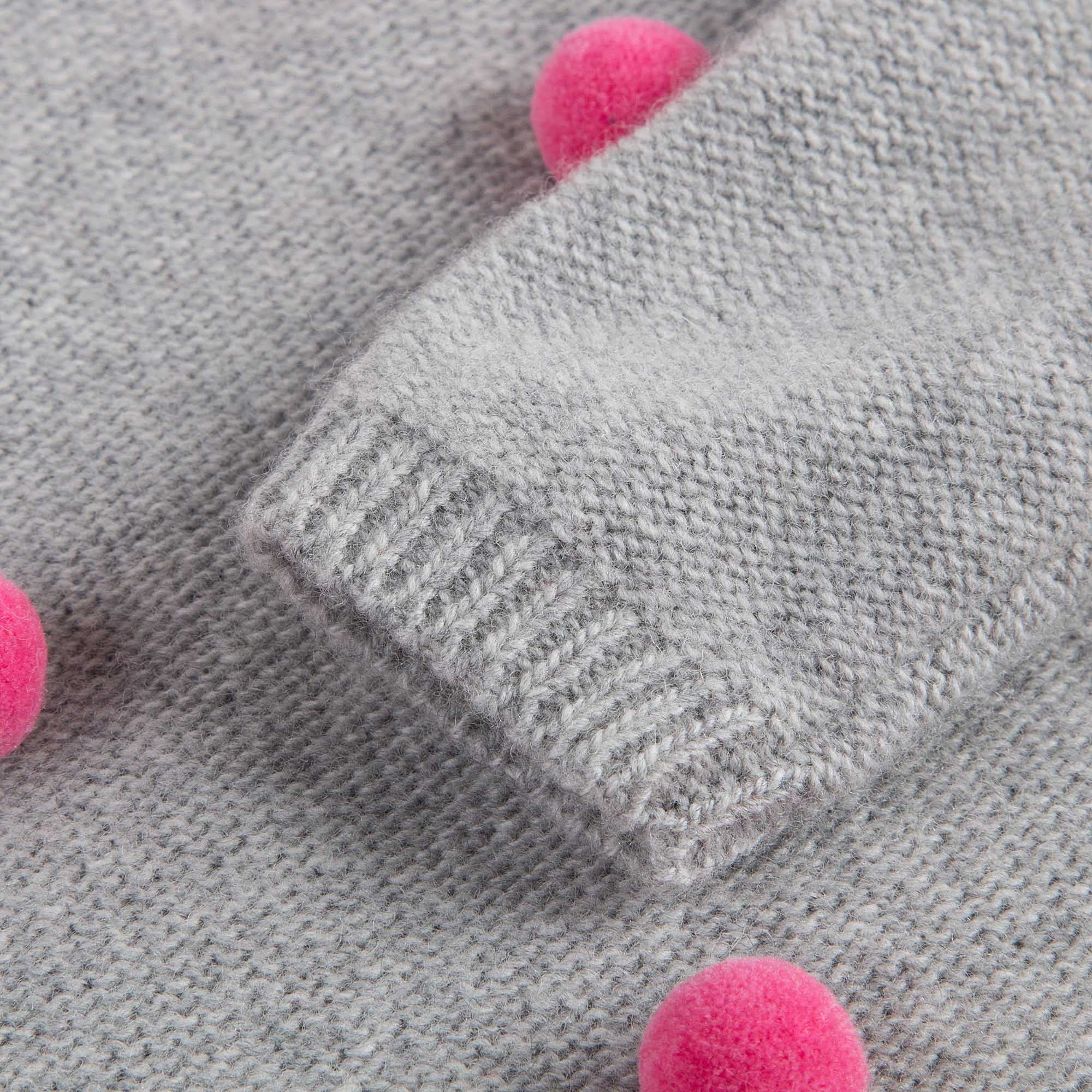 Baby Girls Grey Wool Knitted Dress With Pom-Pom Trims