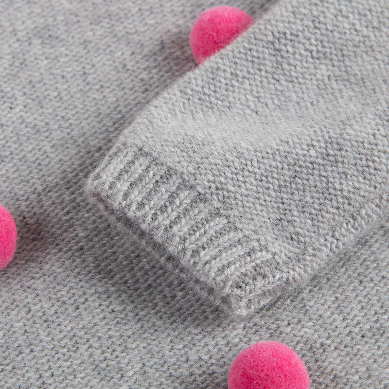 Baby Girls Grey Wool Knitted Dress With Pom-Pom Trims