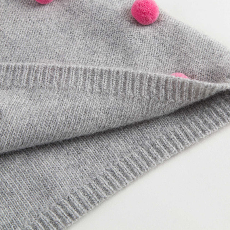Baby Girls Grey Wool Knitted Dress With Pom-Pom Trims