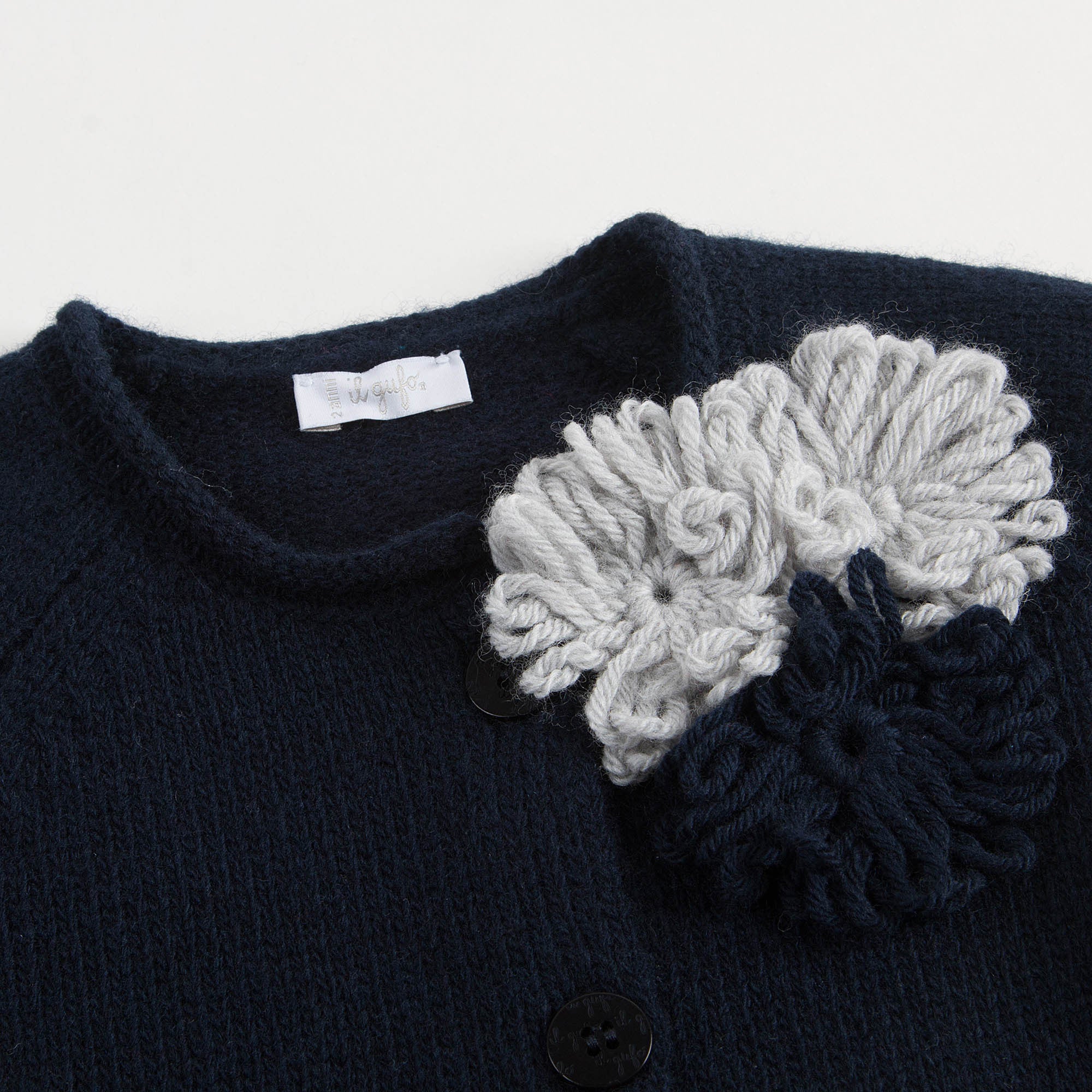 Girls Navy Blue Patch Flower Trims Wool Cardigan