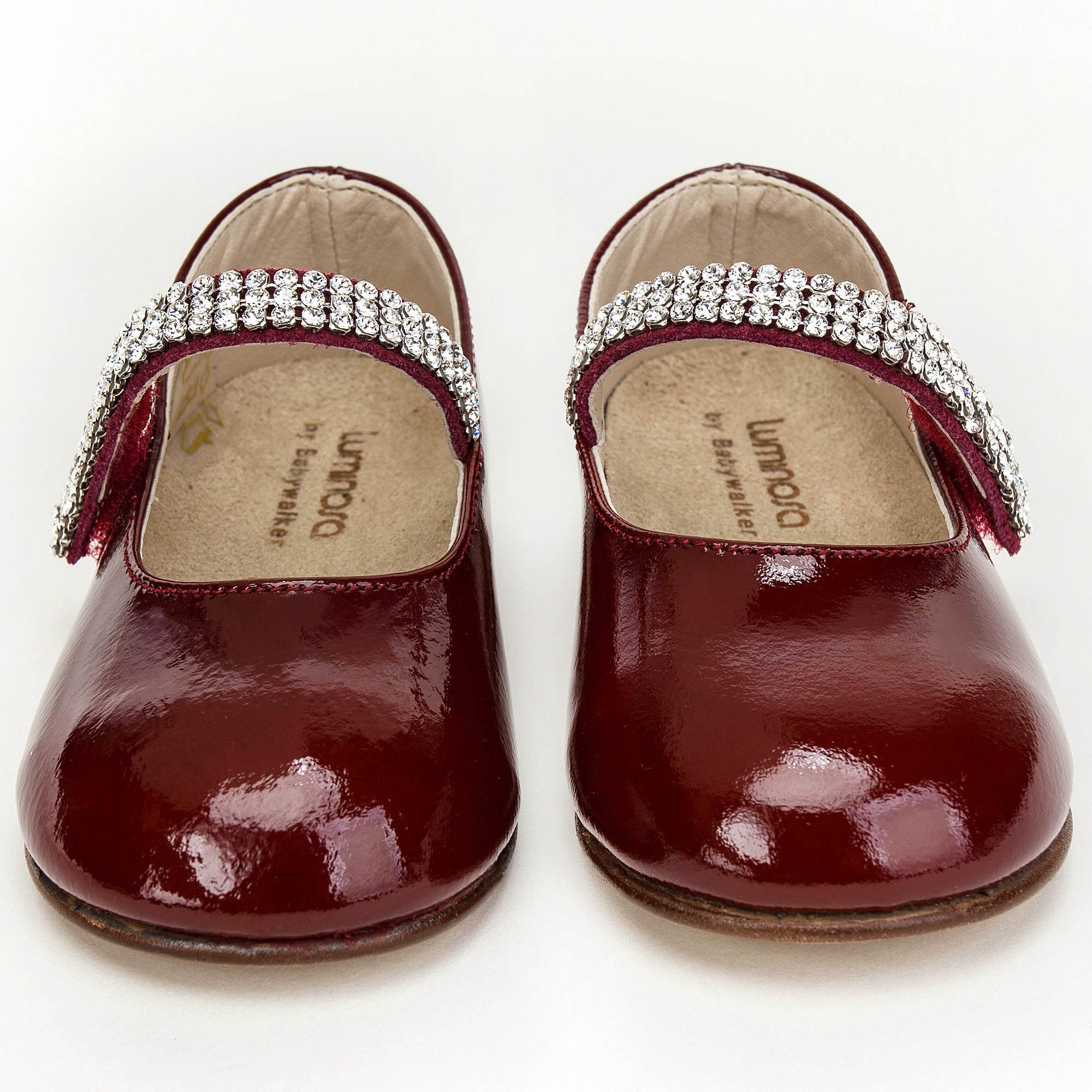 Girls Dark Red Leather Shoes With White Diamond Trims