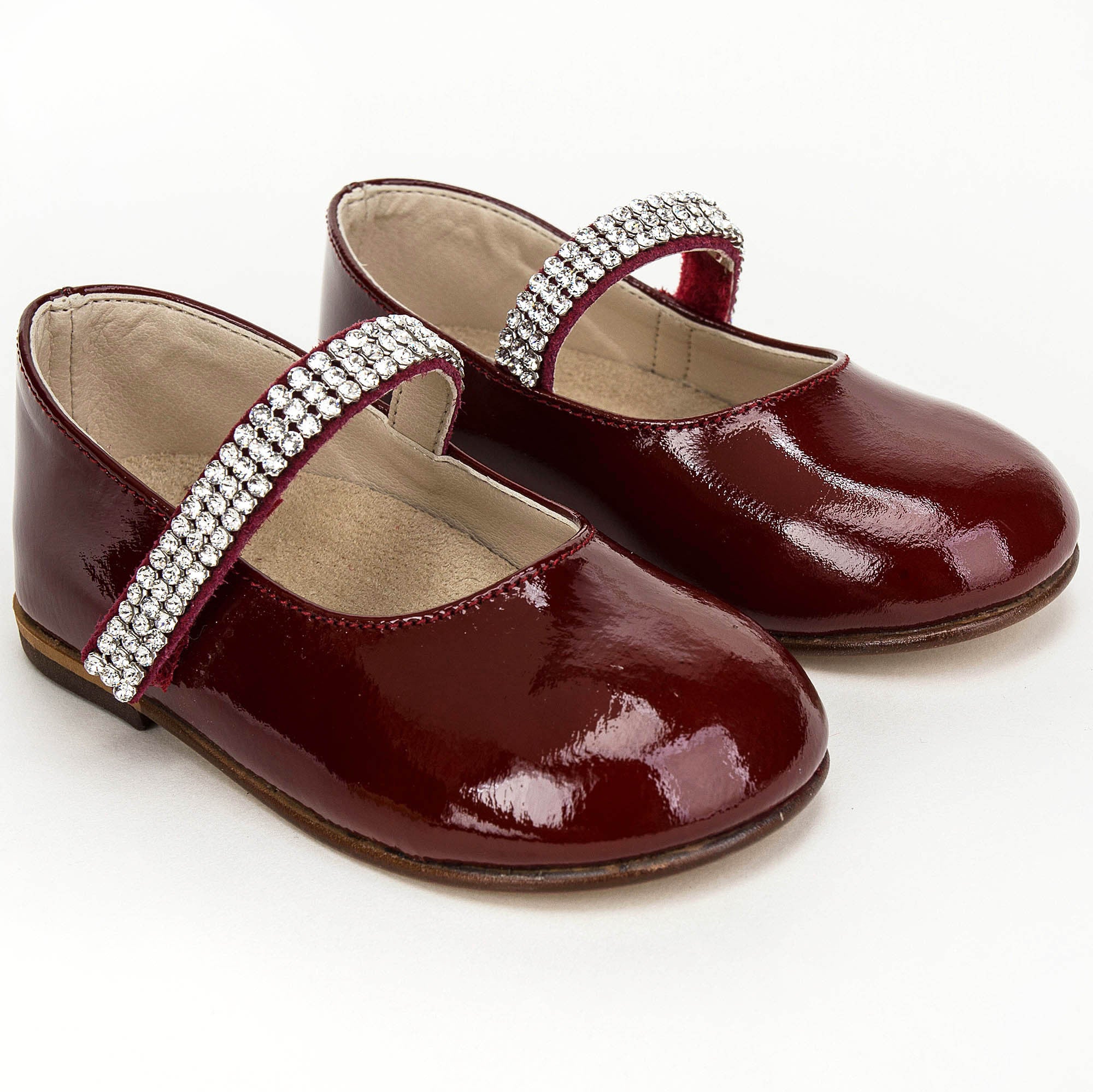 Girls Dark Red Leather Shoes With White Diamond Trims